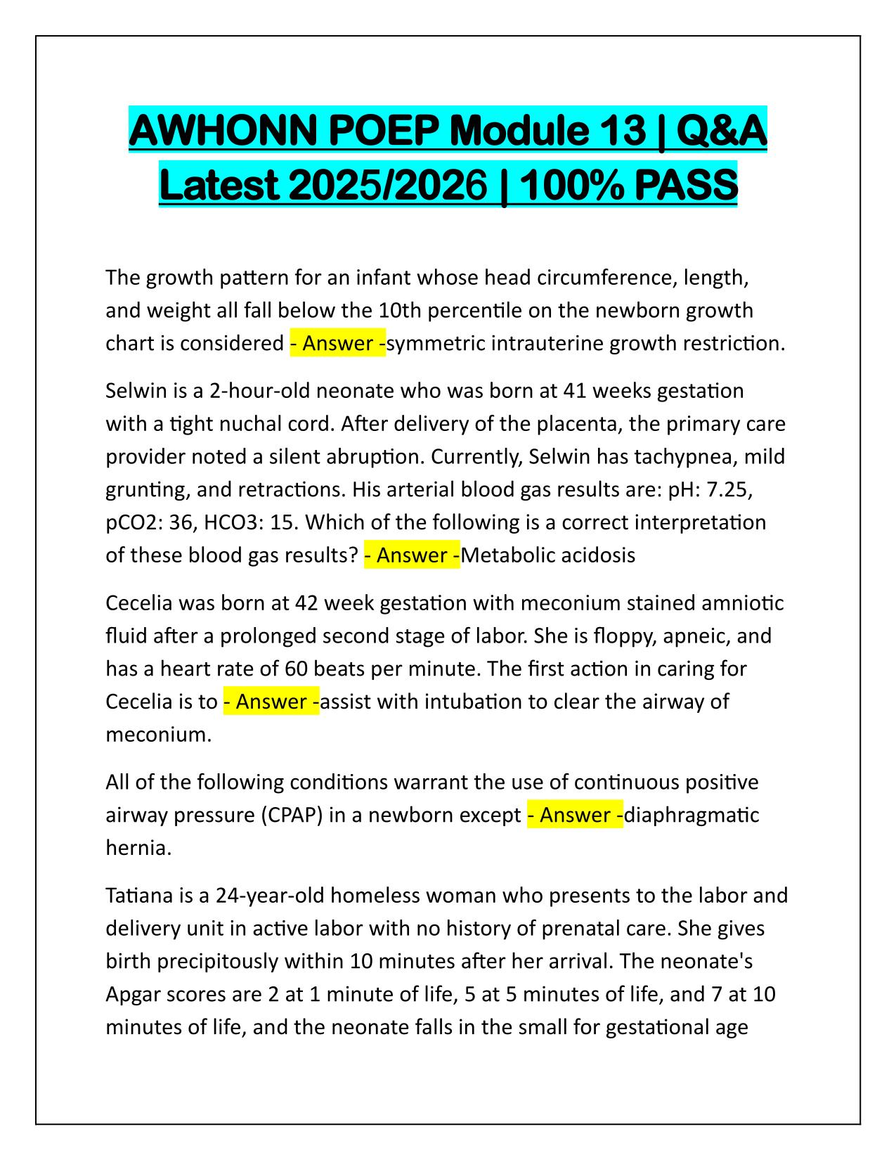 Bundle for AWHONN PEOP, Perinatal Nursing Q&A Latest Update 2025-2026 Update