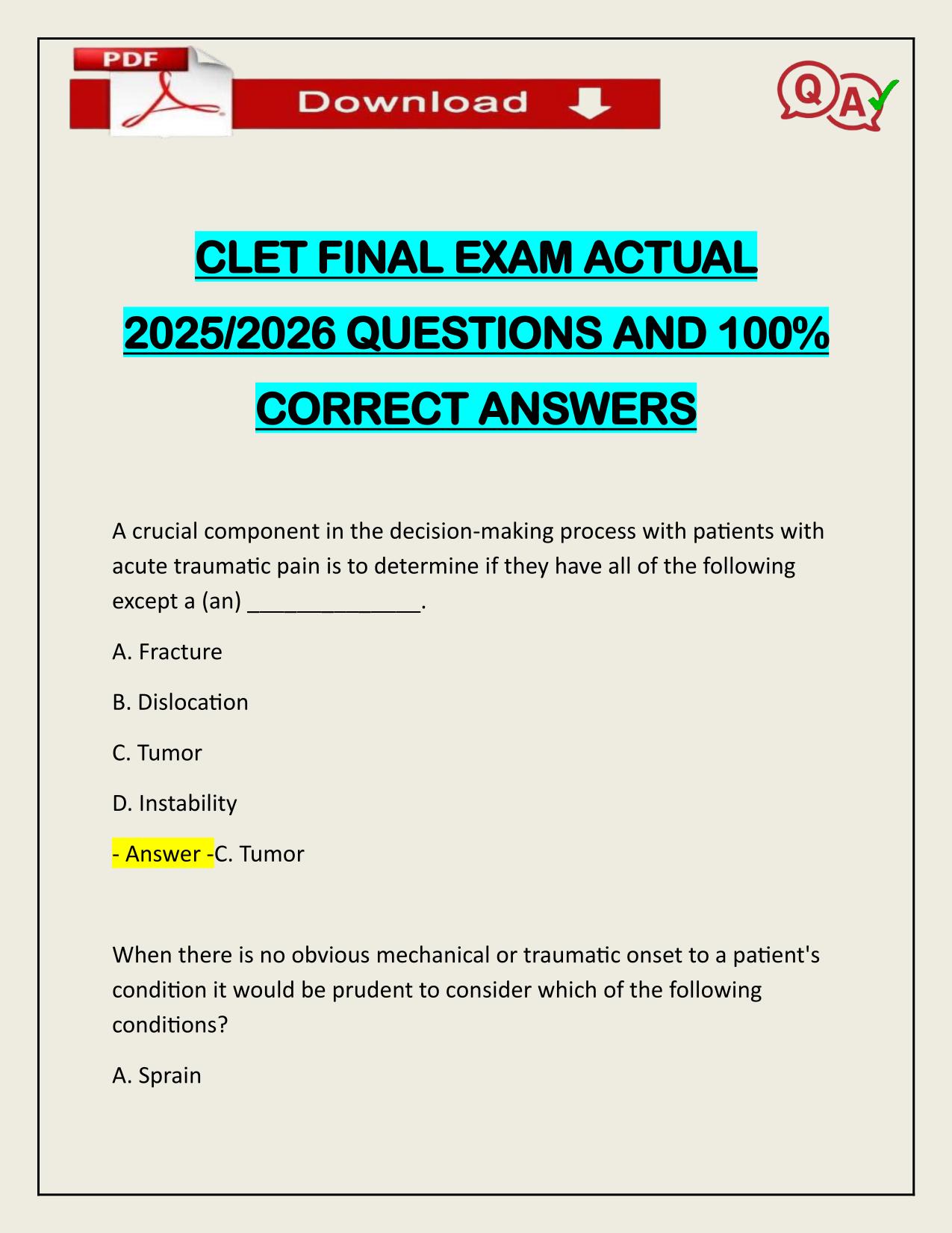 CLET FINAL EXAM ACTUAL 2025/2026 Q&A 100% PASS