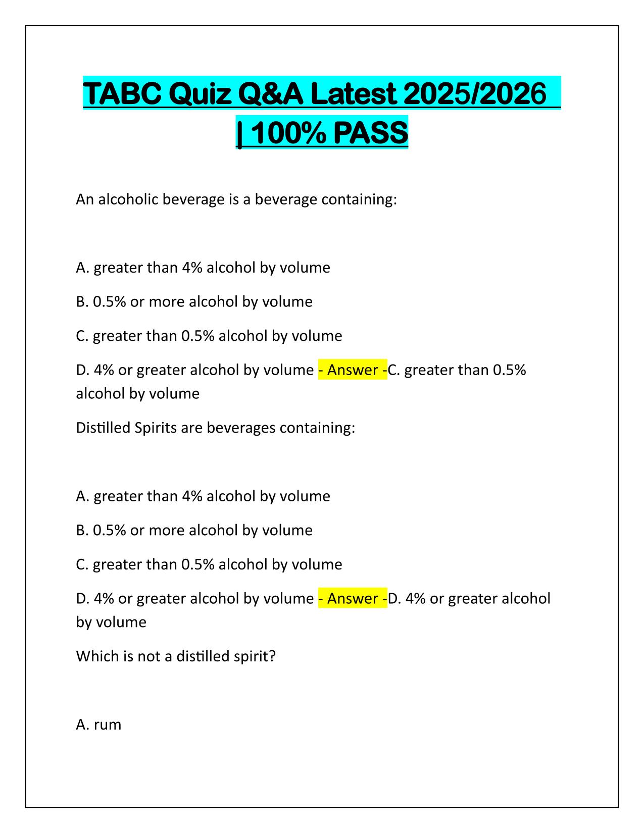 TABC Quiz Correctly Answered Latest Update 2025