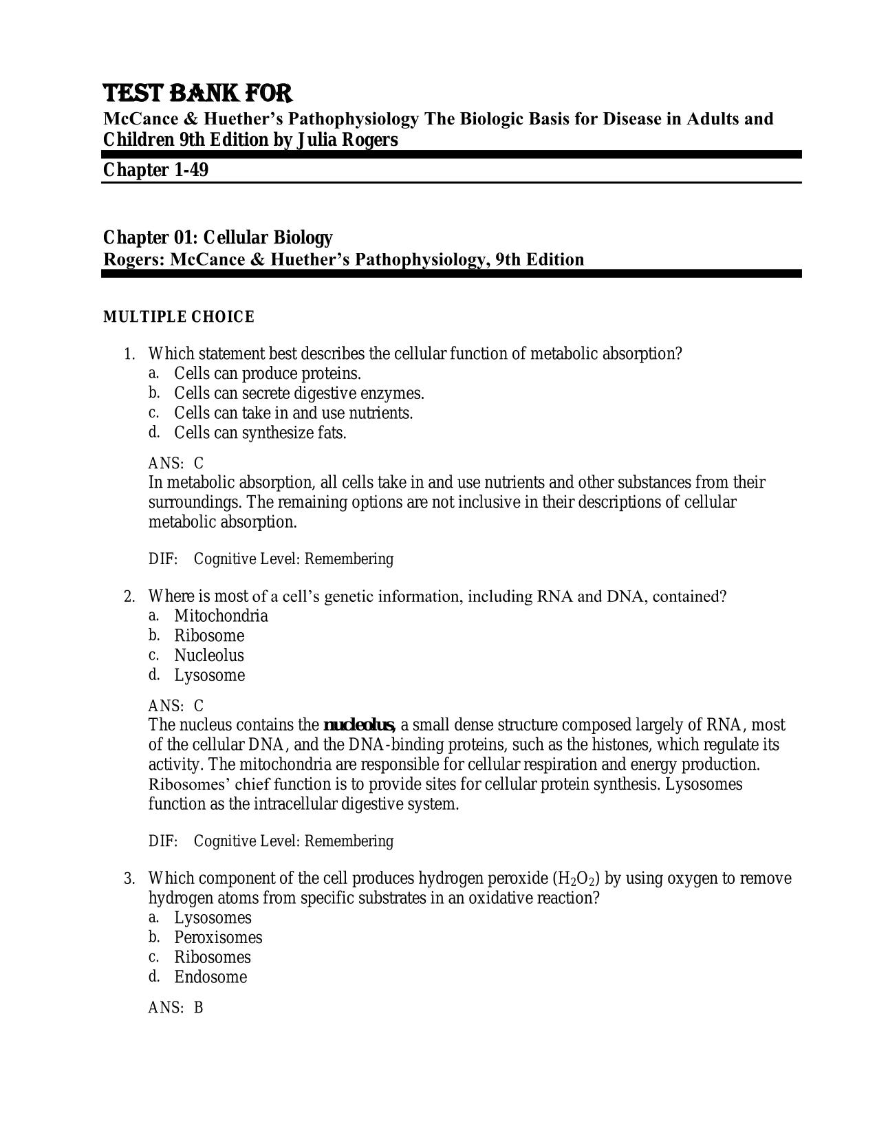 Test Bank For McCance and Huethers Pathophysiology  ISBN: 9780323789905, 9TH Ed The Biologic Basis for Disease in Adults and Children by Julia Rogers