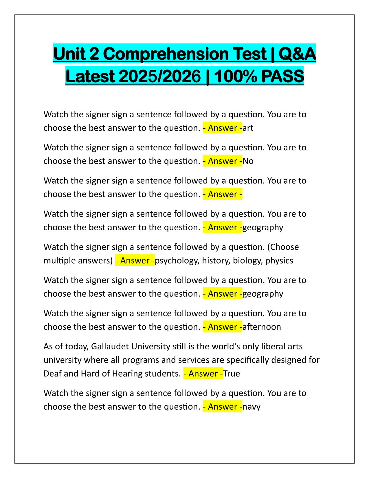 ASL Unit 2 Comprehension Test Q&A Latest Update