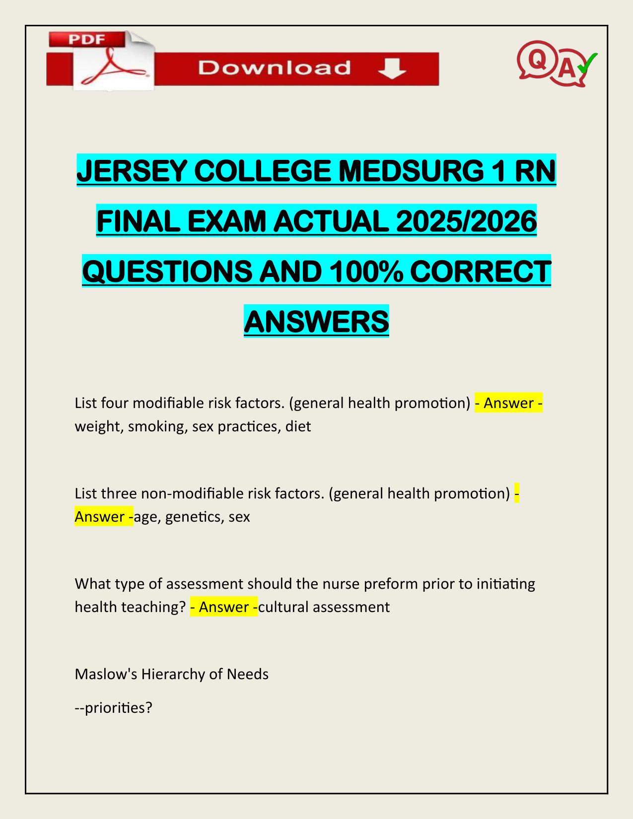 JERSEY COLLEGE MEDSURG 1 RN FINAL EXAM ACTUAL 2025/2026