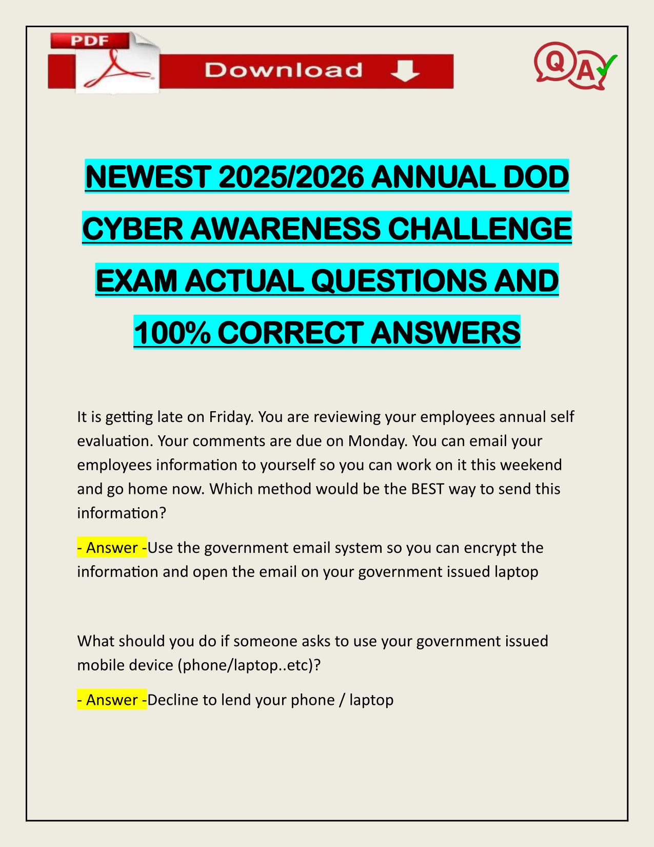 NEWEST 2025/2026 ANNUAL DOD CYBER AWARENESS CHALLENGE EXAM ACTUAL LATEST