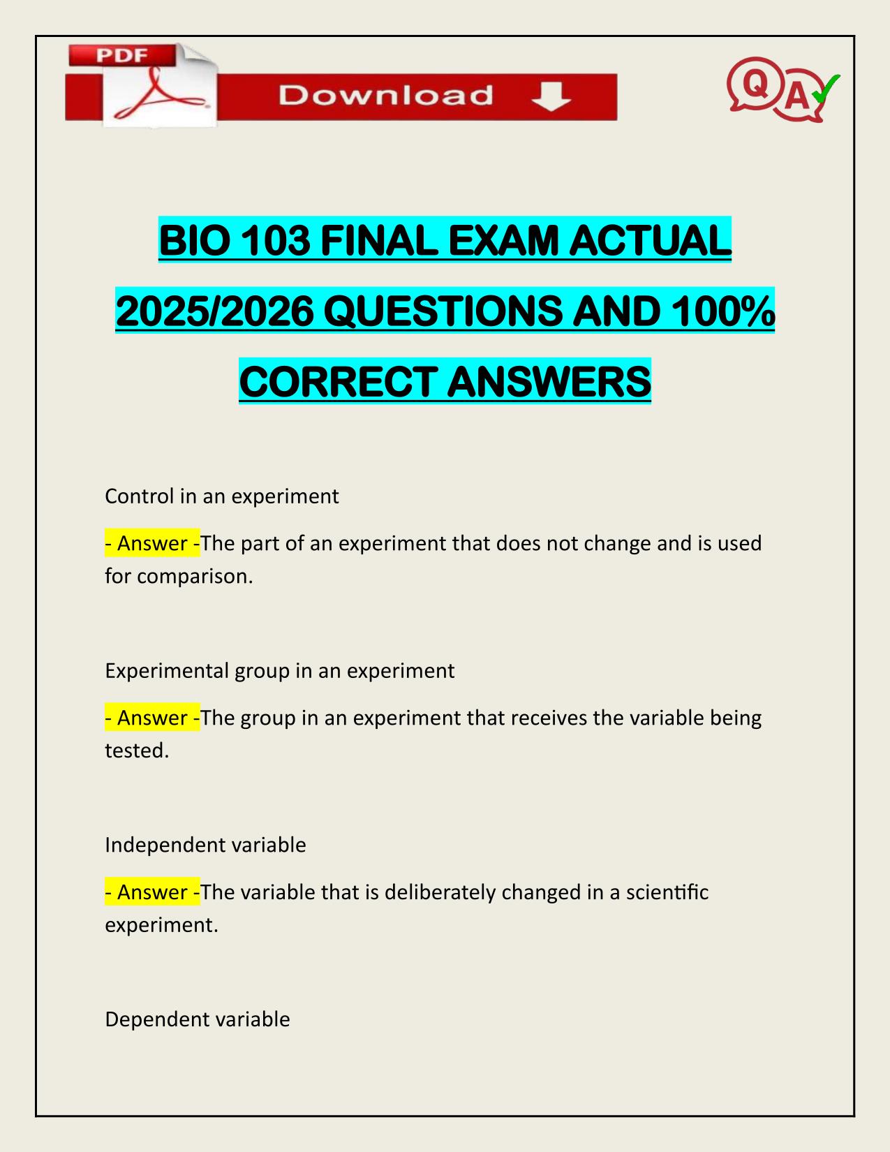 BIO 103 FINAL EXAM ACTUAL 2025/2026 CORRECTLY ANSWERED