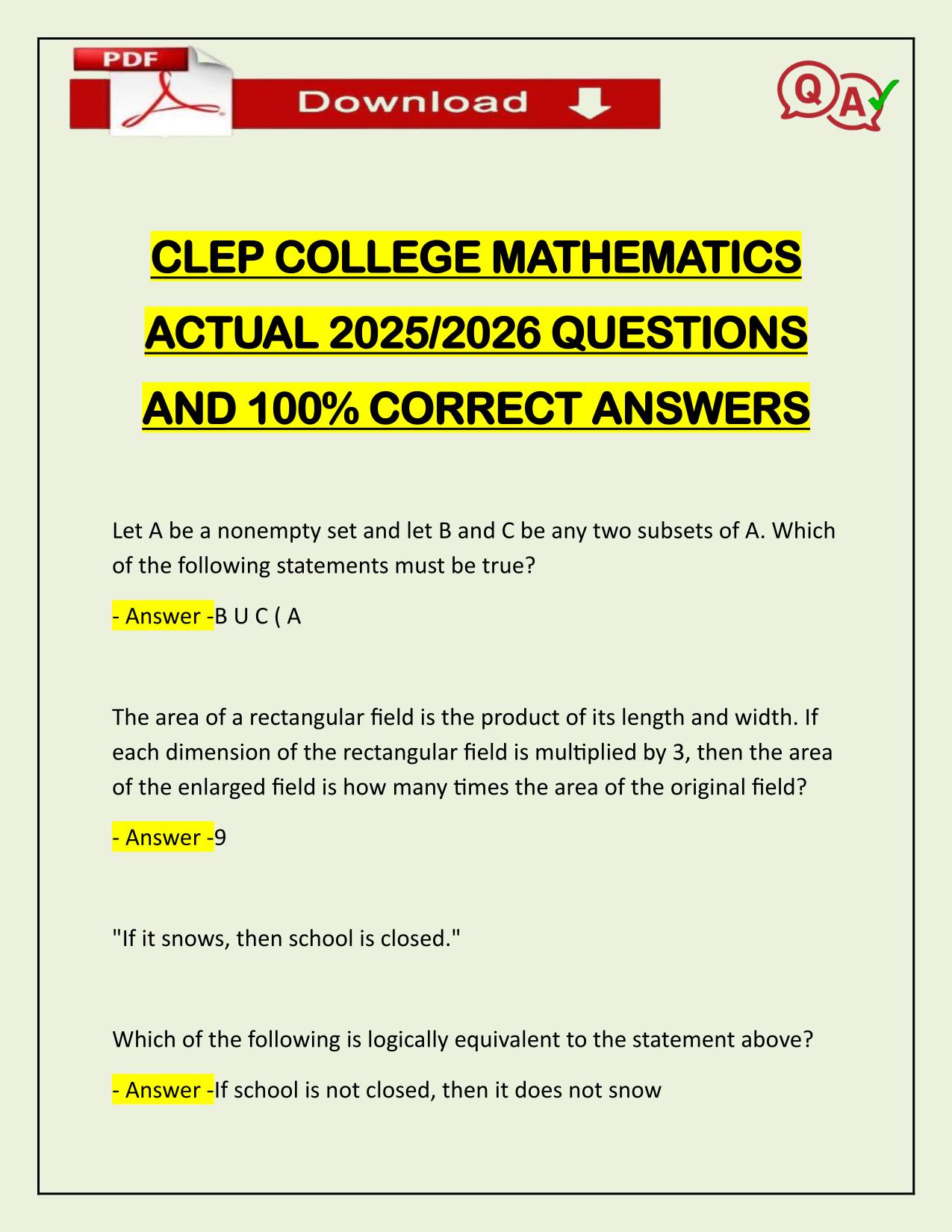 CLEP COLLEGE MATHEMATICS ACTUAL 2025/2026 QUESTIONS AND 100% CORRECT ANSWERS