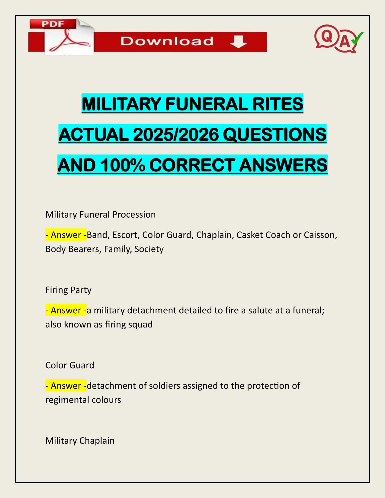 MILITARY FUNERAL RITES ACTUAL 2025/2026 CORRECTLY ANSWERED