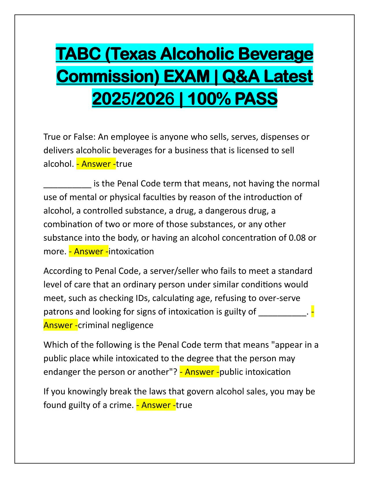 TABC (Texas Alcoholic Beverage Commission) EXAM Correctly Answered 2025-2026 Update