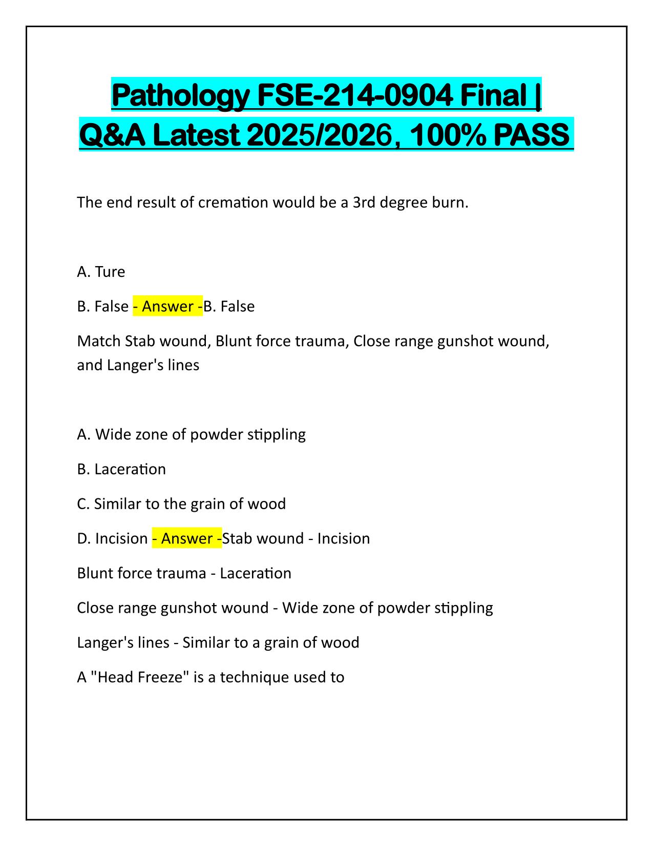 Pathology FSE-214-0904 Final Q&A Latest Update 2025-2026