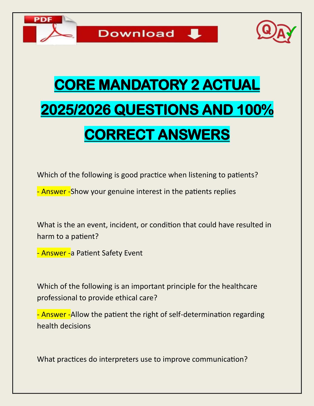 CORE MANDATORY 2 ACTUAL 2025/2026 QUESTIONS AND 100% CORRECT ANSWERS