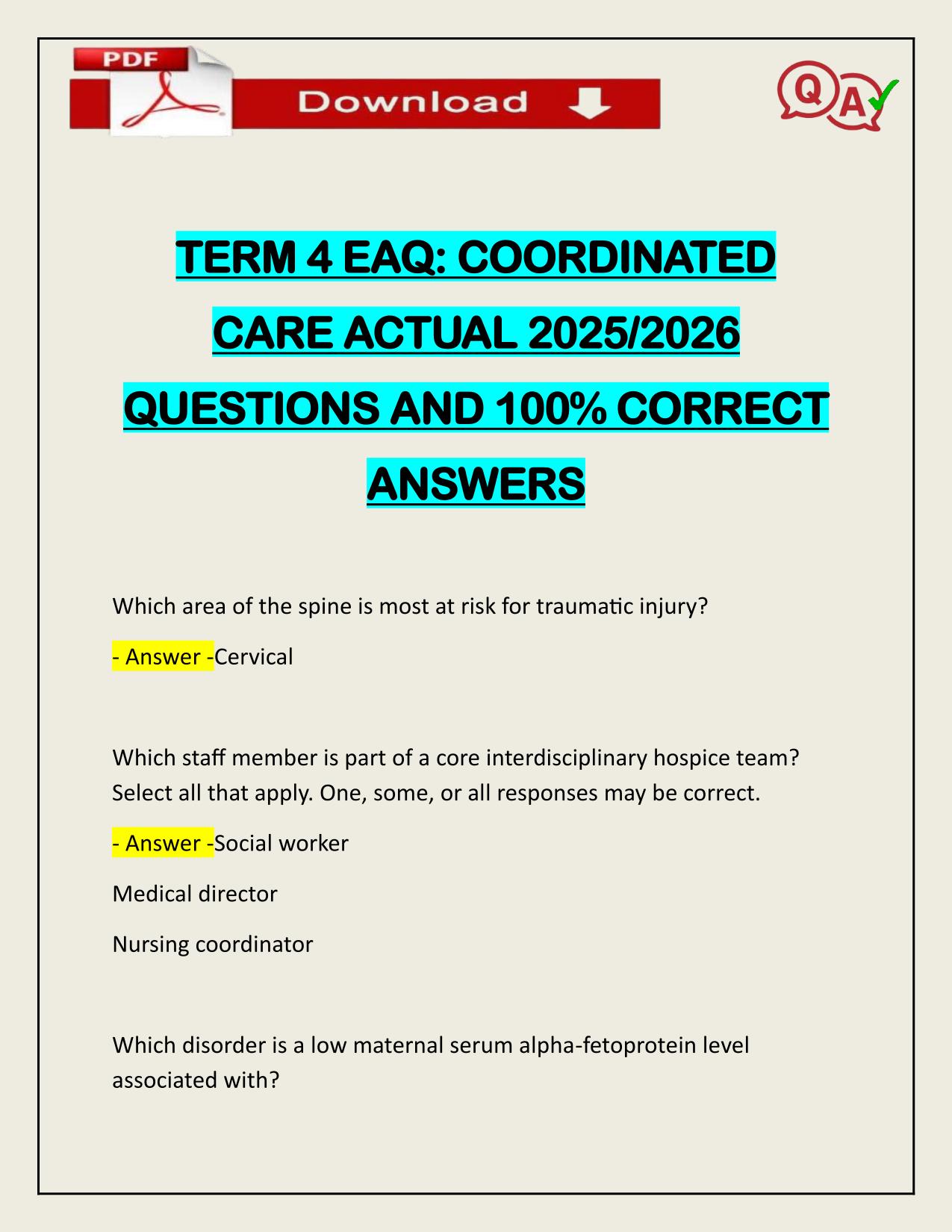 TERM 4 EAQ: COORDINATED CARE ACTUAL 2025/2026 QUESTIONS AND 100% CORRECT ANSWERS