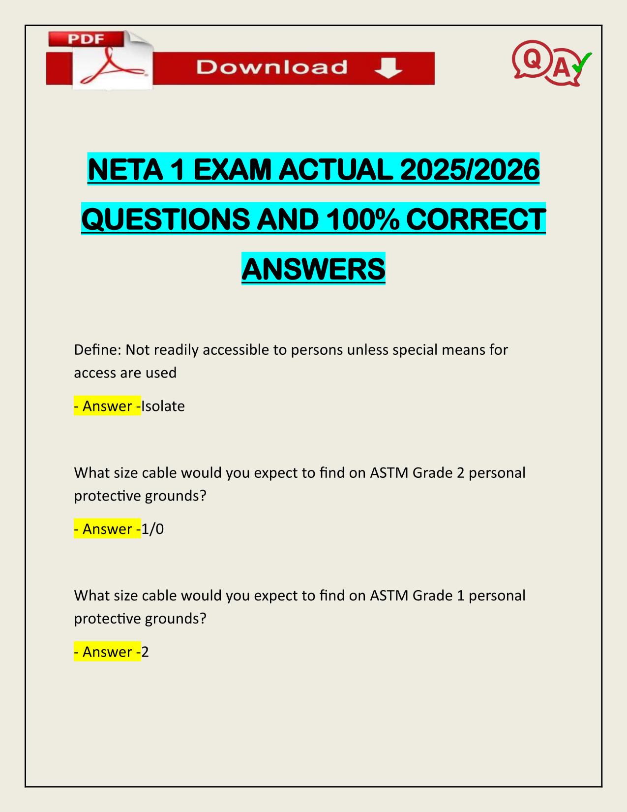 NETA 1 EXAM ACTUAL 2025/2026  WITH VERIFIED ANSWERS