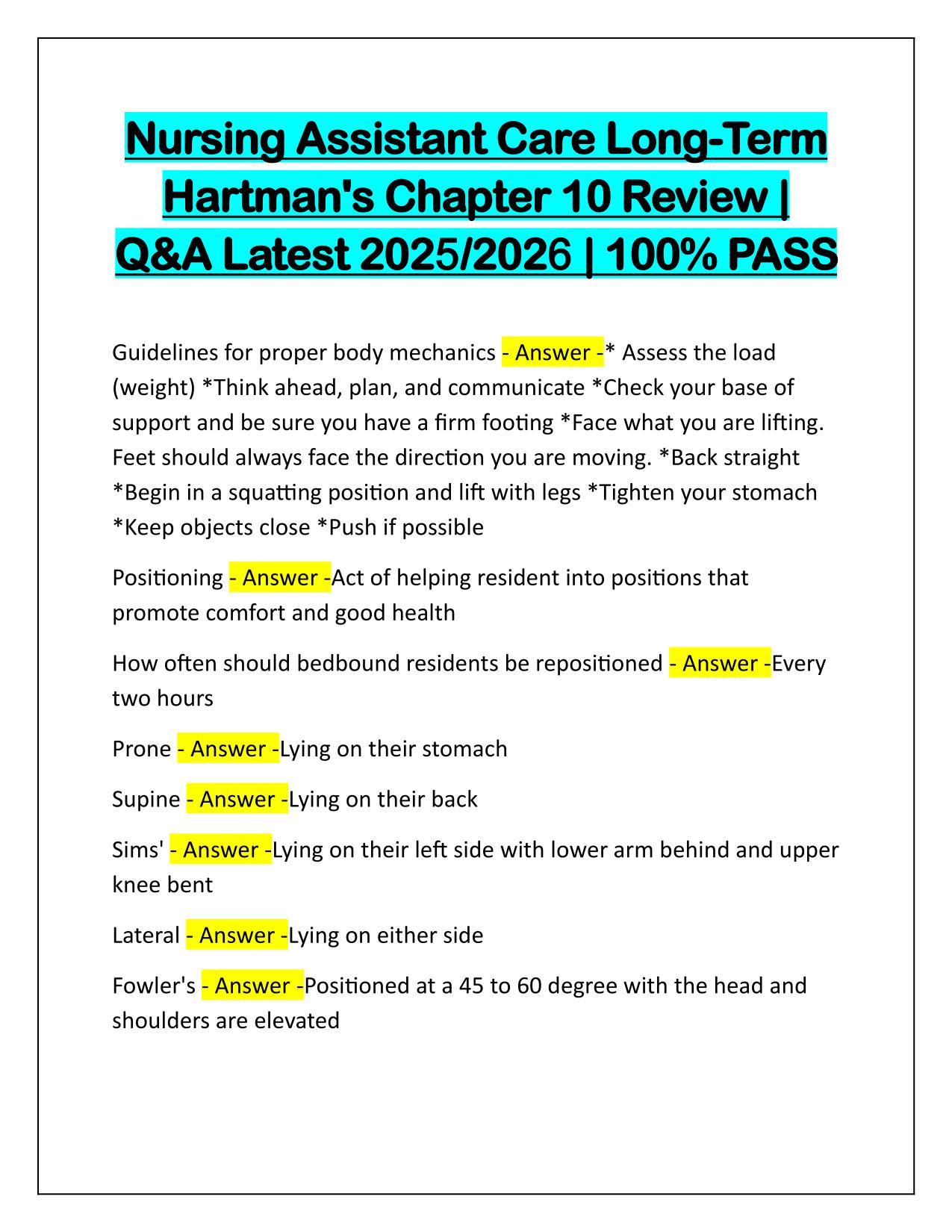 Nursing Assistant Care Long-Term Hartman's Chapter 10 Review Q&A Latest Update