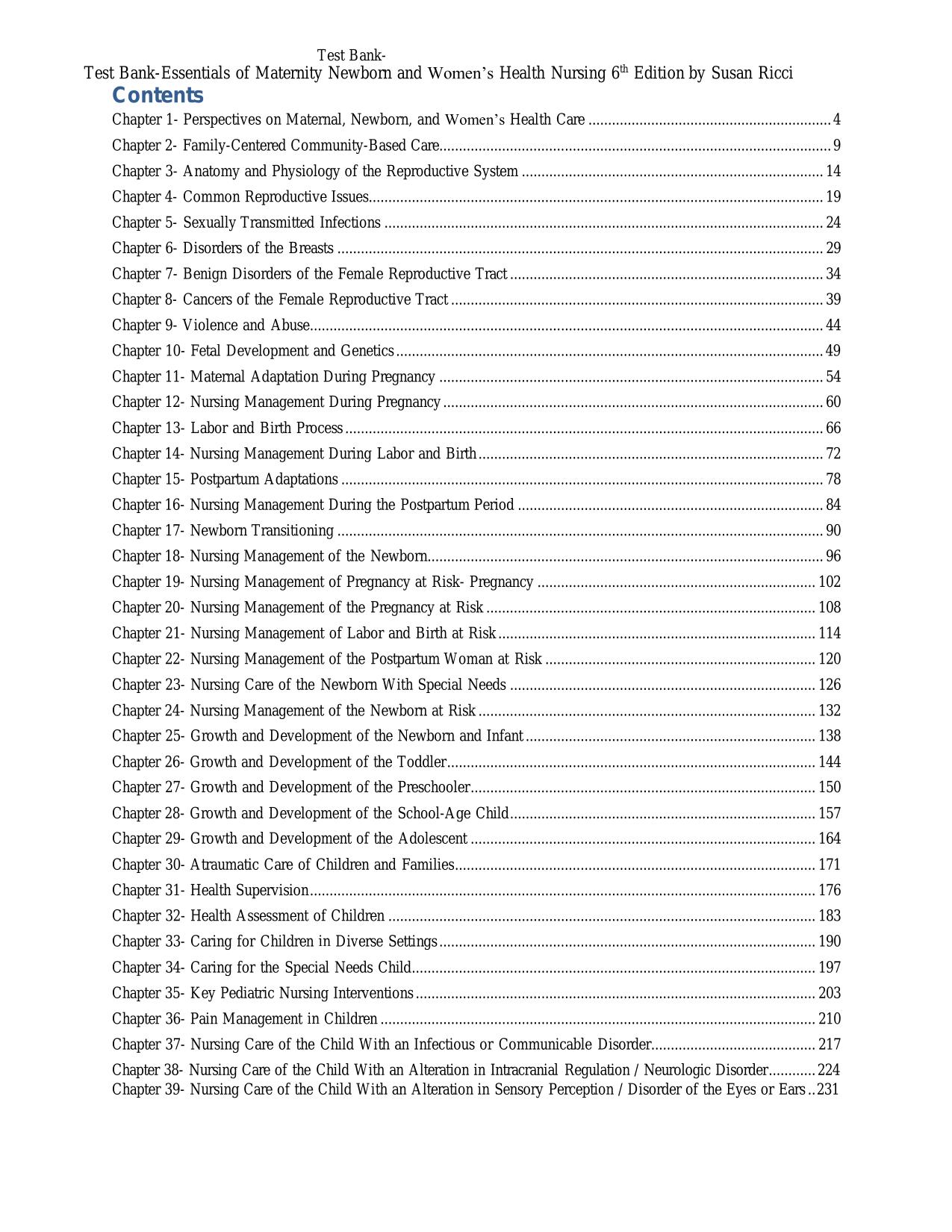 TEST BANK FOR Essentials of Maternity, Newborn, and Women’s Health Nursing, 6th Edition by Susan Scott Ricci