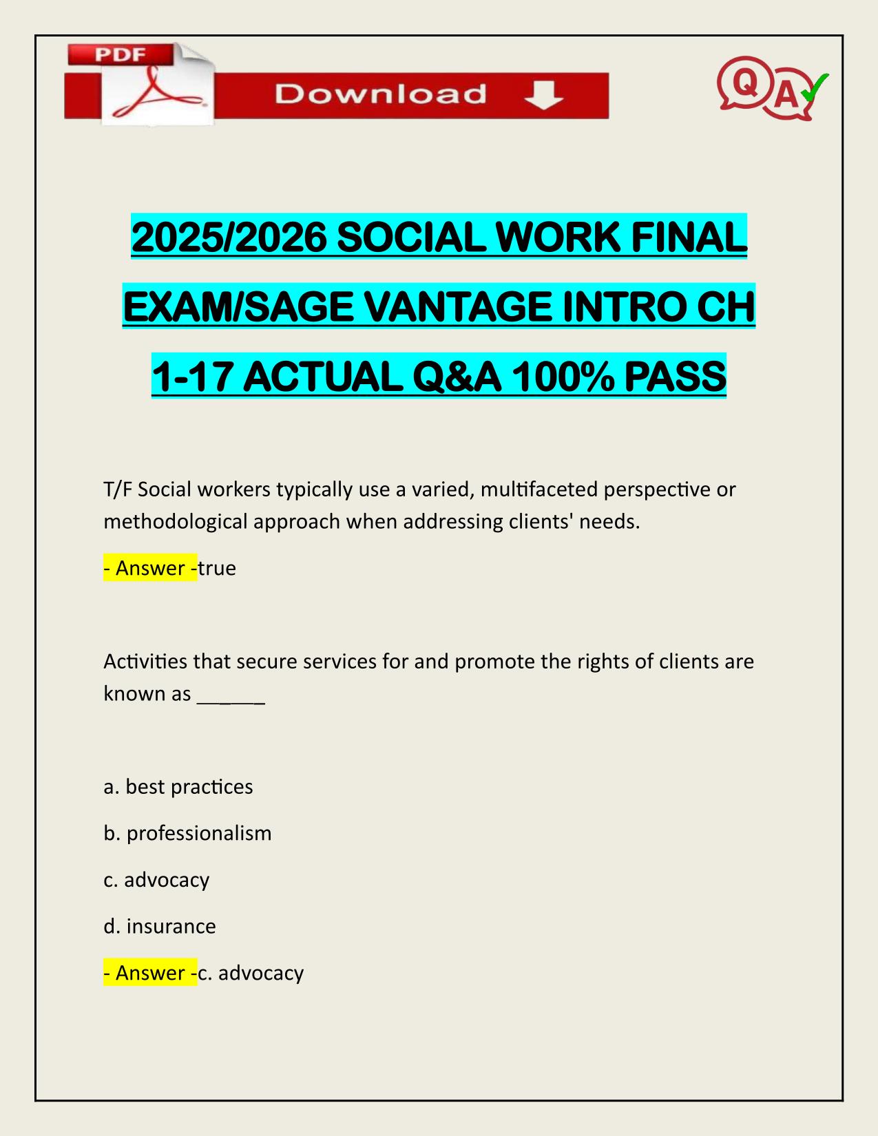 2025/2026 SOCIAL WORK FINAL EXAM/SAGE VANTAGE INTRO CH 1-17 ACTUAL Q&A 100% PASS