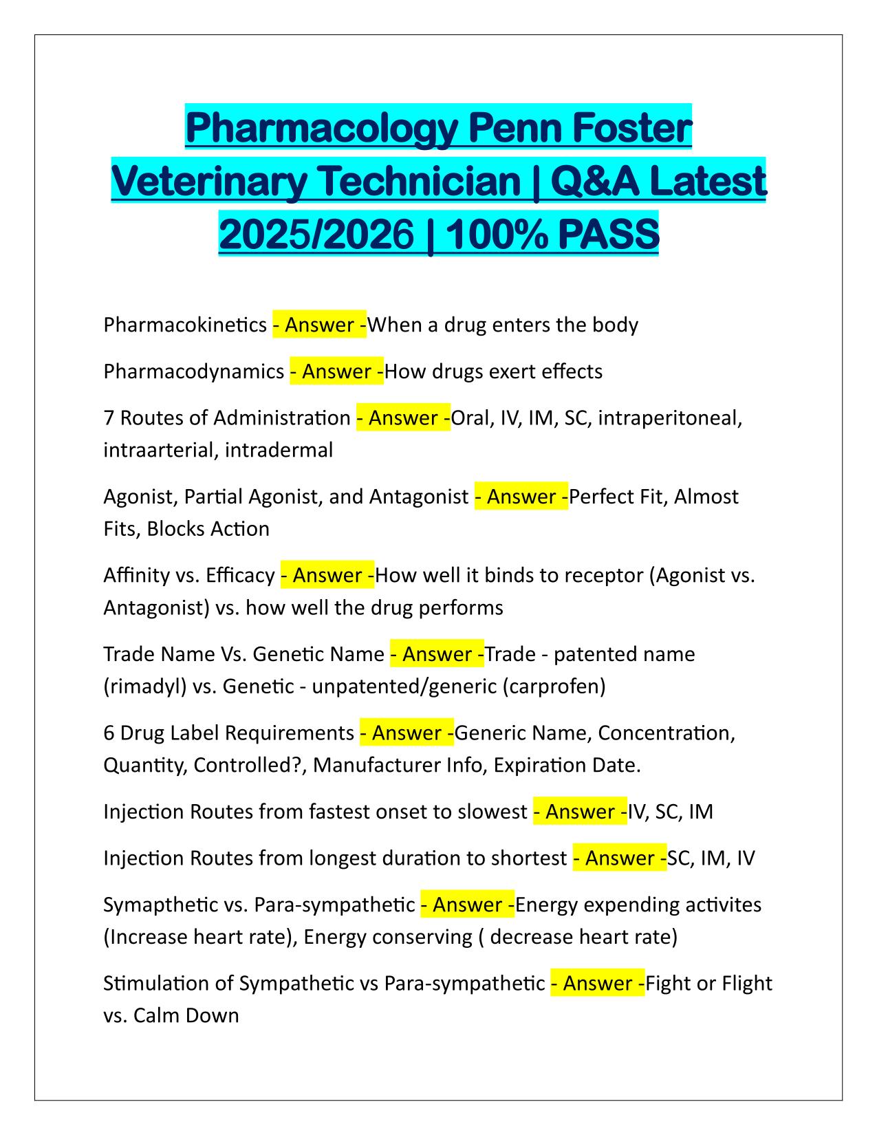 Pharmacology Penn Foster Veterinary Technician Correctly Answered Latest Update