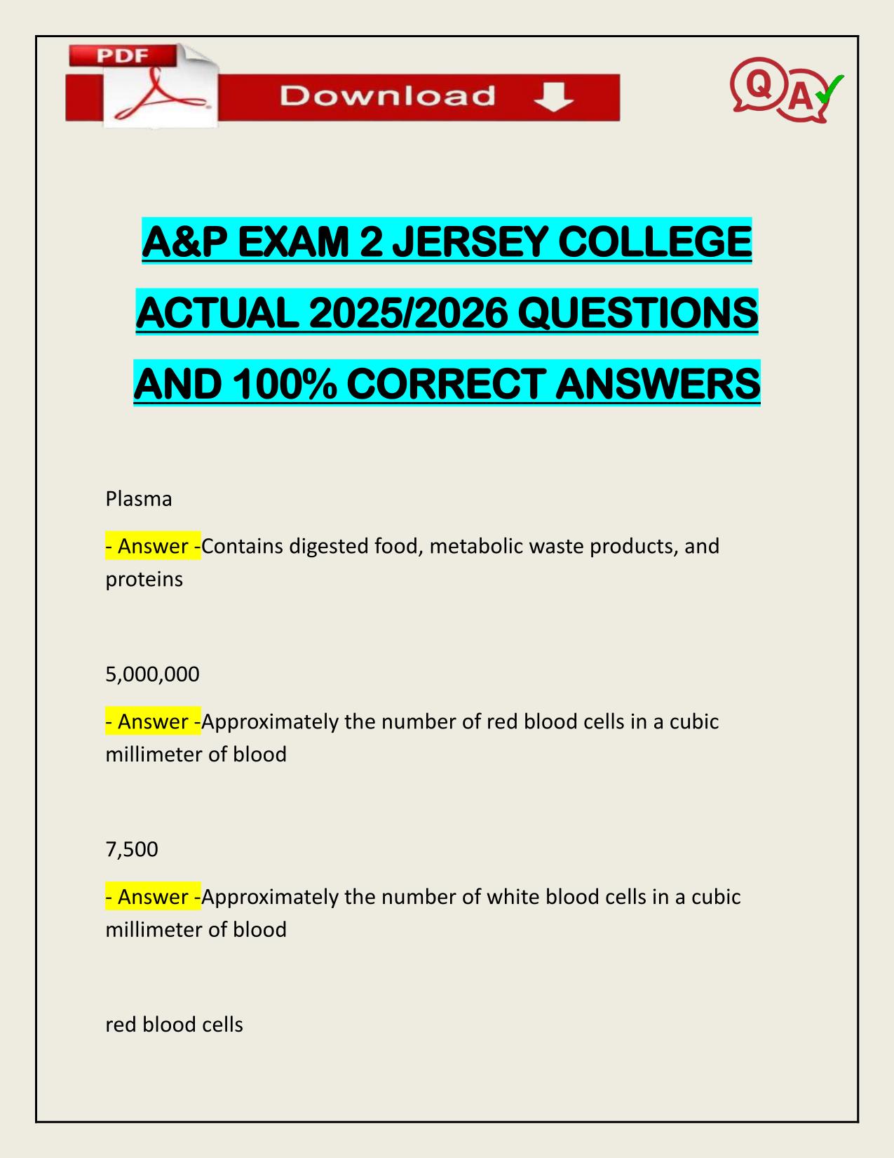 A&P EXAM 2 JERSEY COLLEGE ACTUAL 2025/2026 CORRECTLY ANSWERED