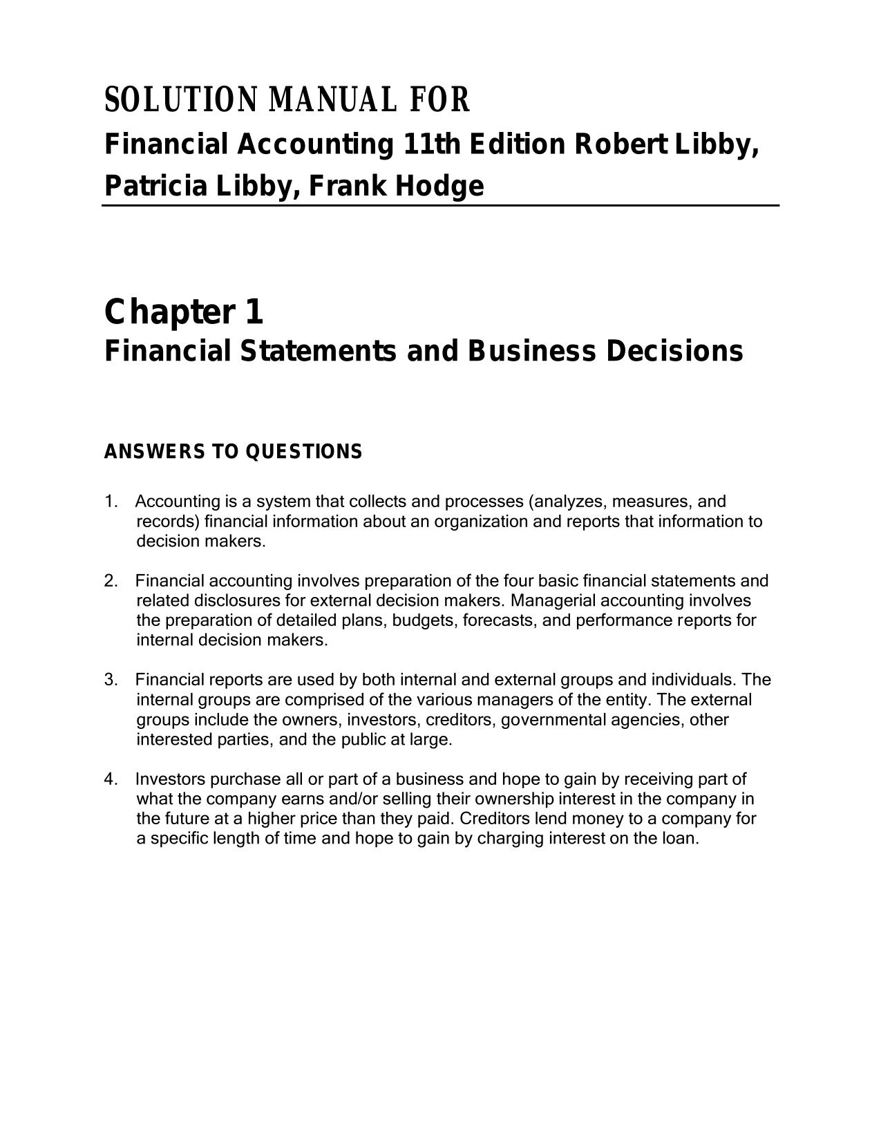 SOLUTION MANUAL FOR Financial Accounting 11th Edition Robert Libby Latest Update 2025