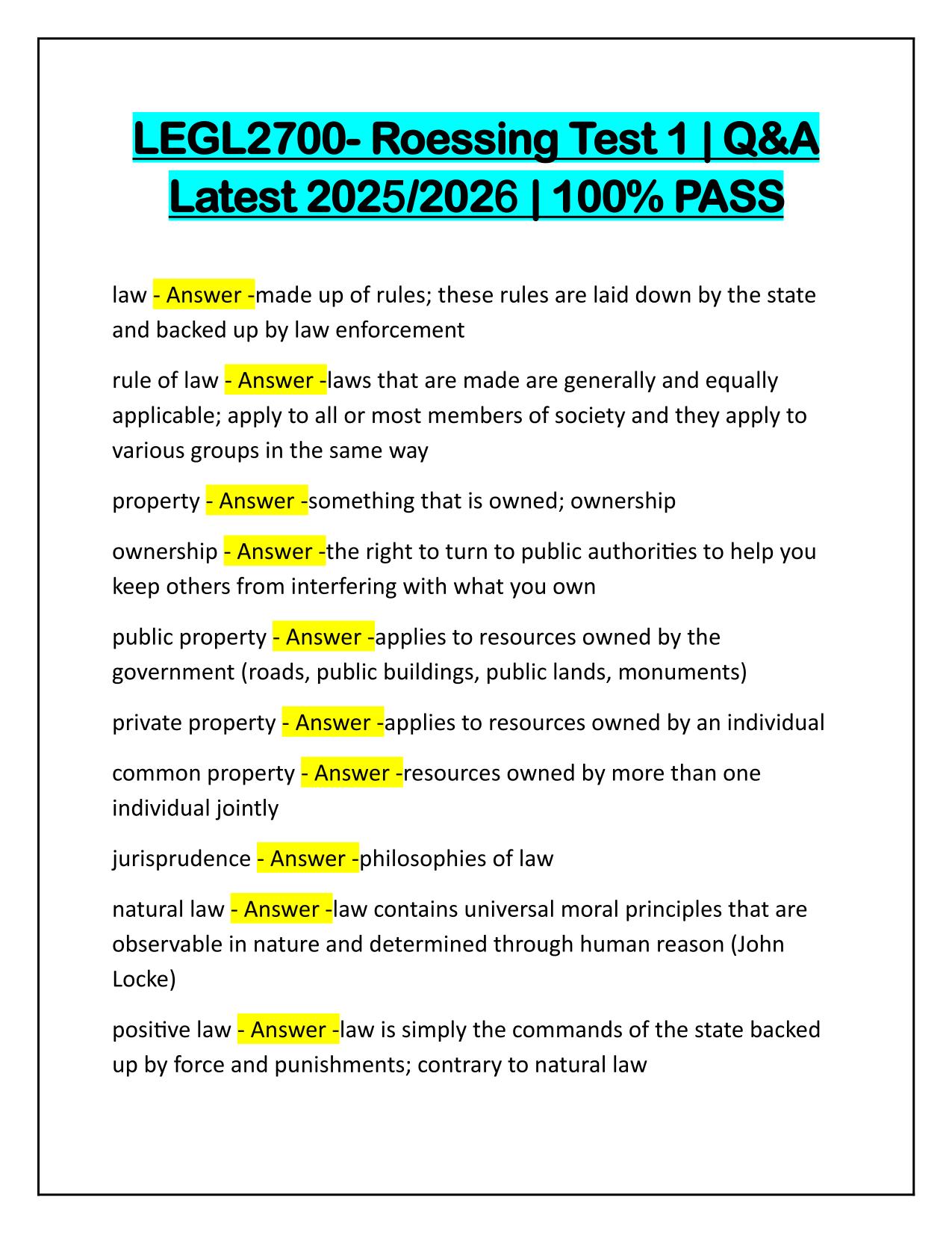 LEGL2700- Roessing Test 1 Correctly Answered 2025