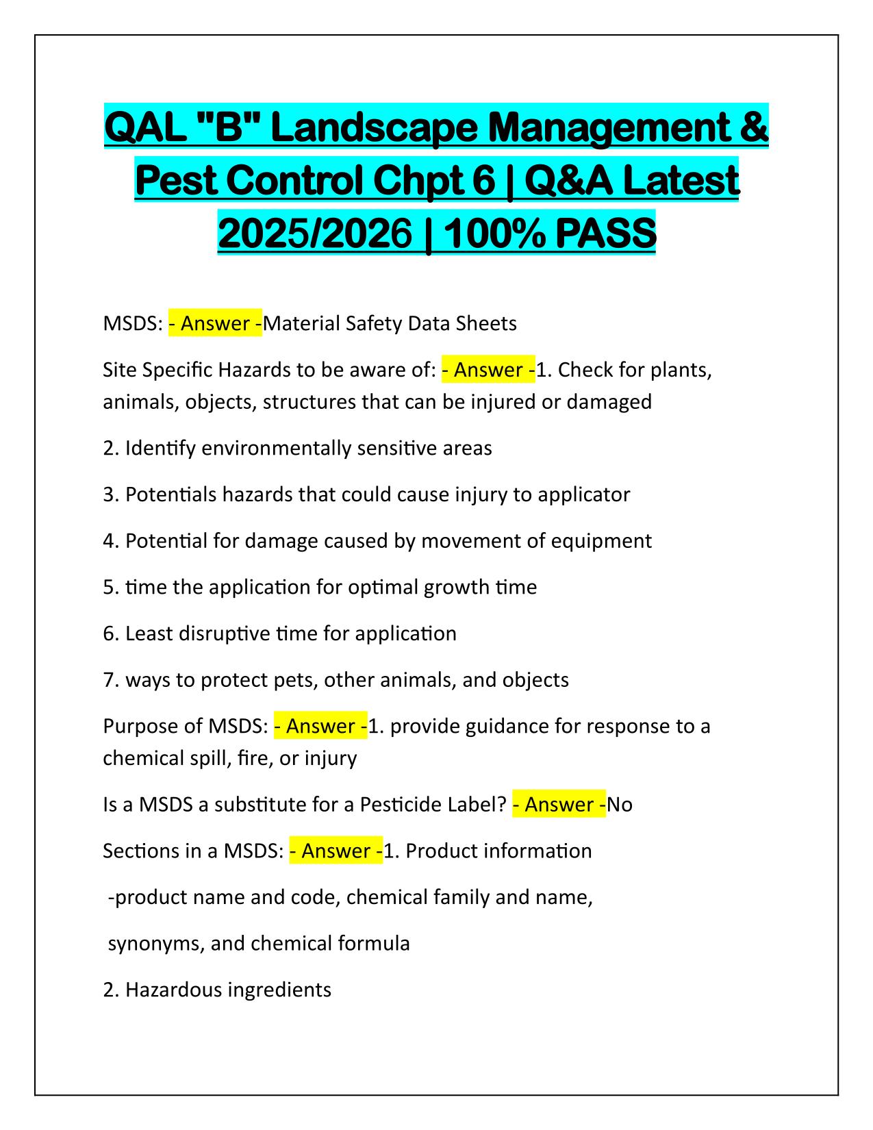 QAL B Landscape Management and Pest Control Chpt 6 Q&A Latest Update