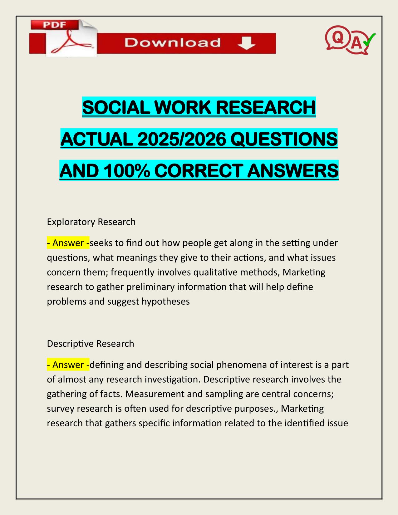SOCIAL WORK RESEARCH ACTUAL 2025/2026 QUESTIONS AND 100% CORRECT ANSWERS
