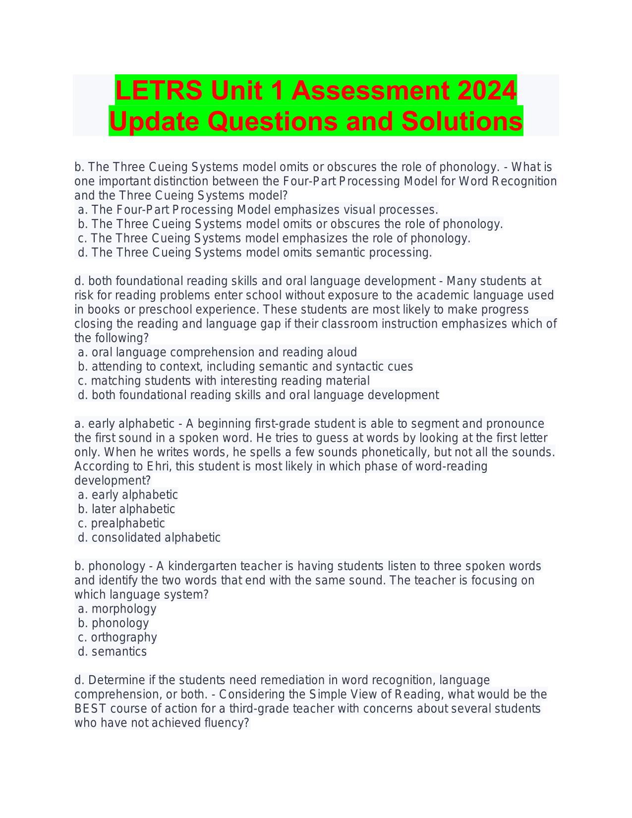 LETRS Unit 1 Assessment 2025/2026 Update Questions and Solutions