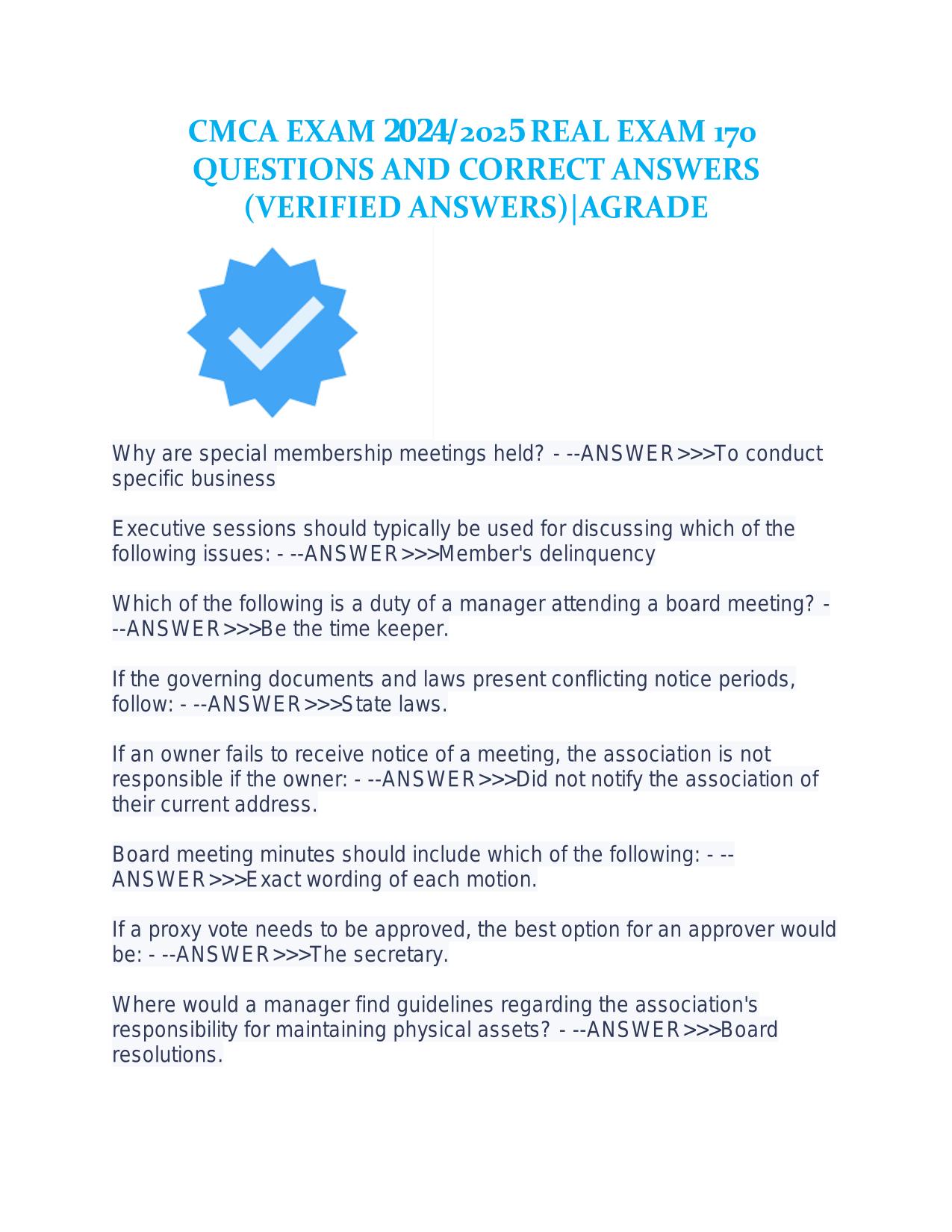 CMCA EXAM 2025/2026 REAL EXAM 170 QUESTIONS AND CORRECT ANSWERS (VERIFIED ANSWERS)|AGRADE