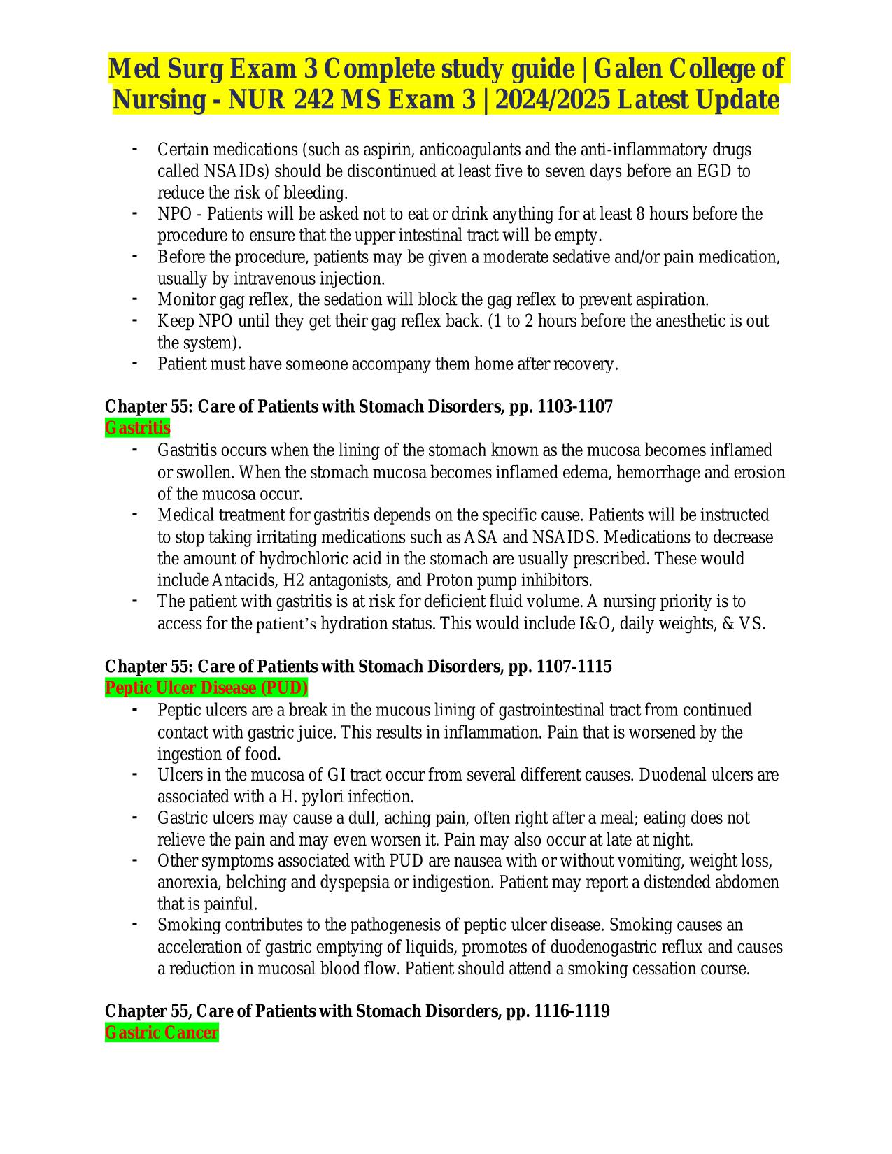 Med Surg Exam 3 Complete study guide ACTUAL 2025/2026 | Galen College of Nursing - NUR 242 MS Exam 3