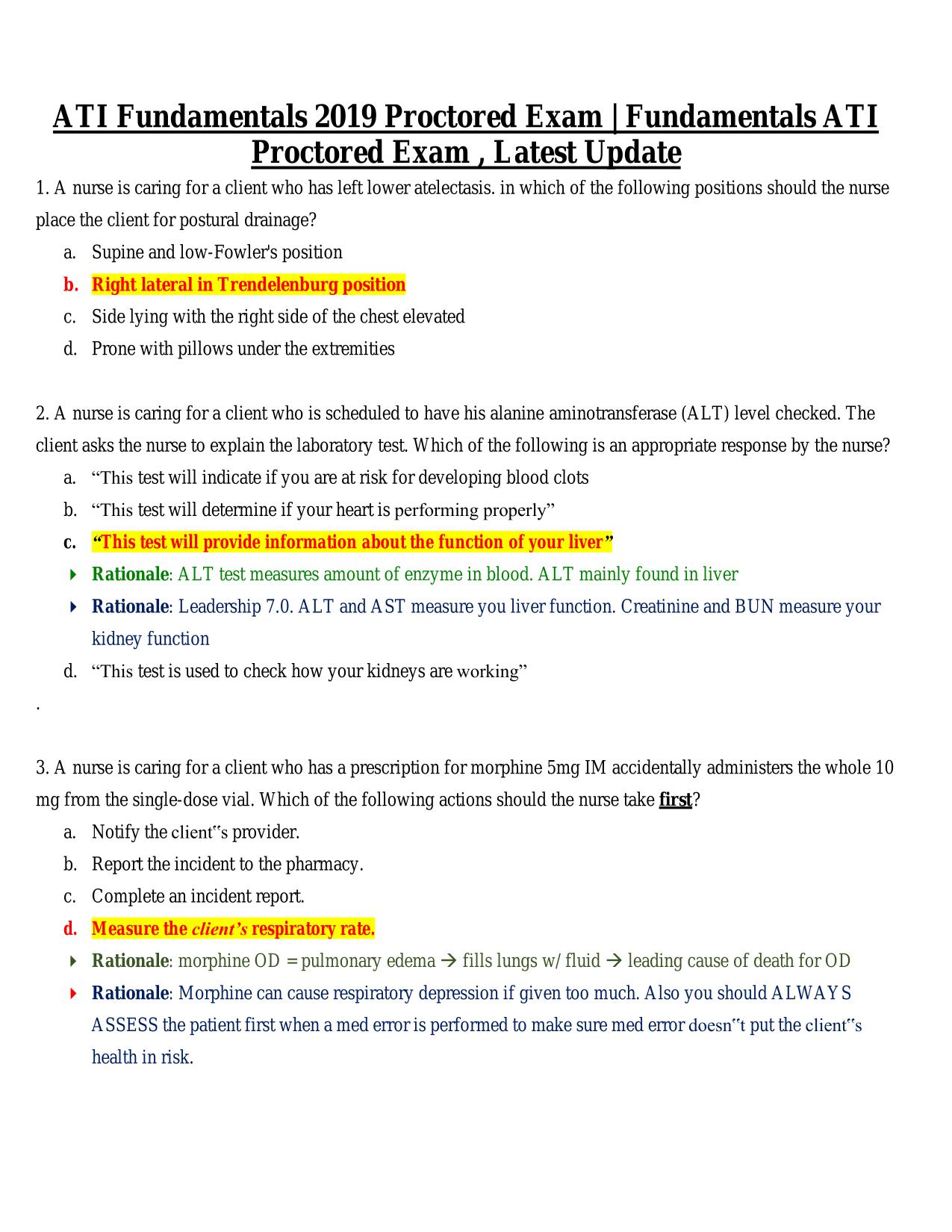 ATI Fundamentals 2019 Proctored Exam | Fundamentals ATI Proctored Exam , Latest Update
