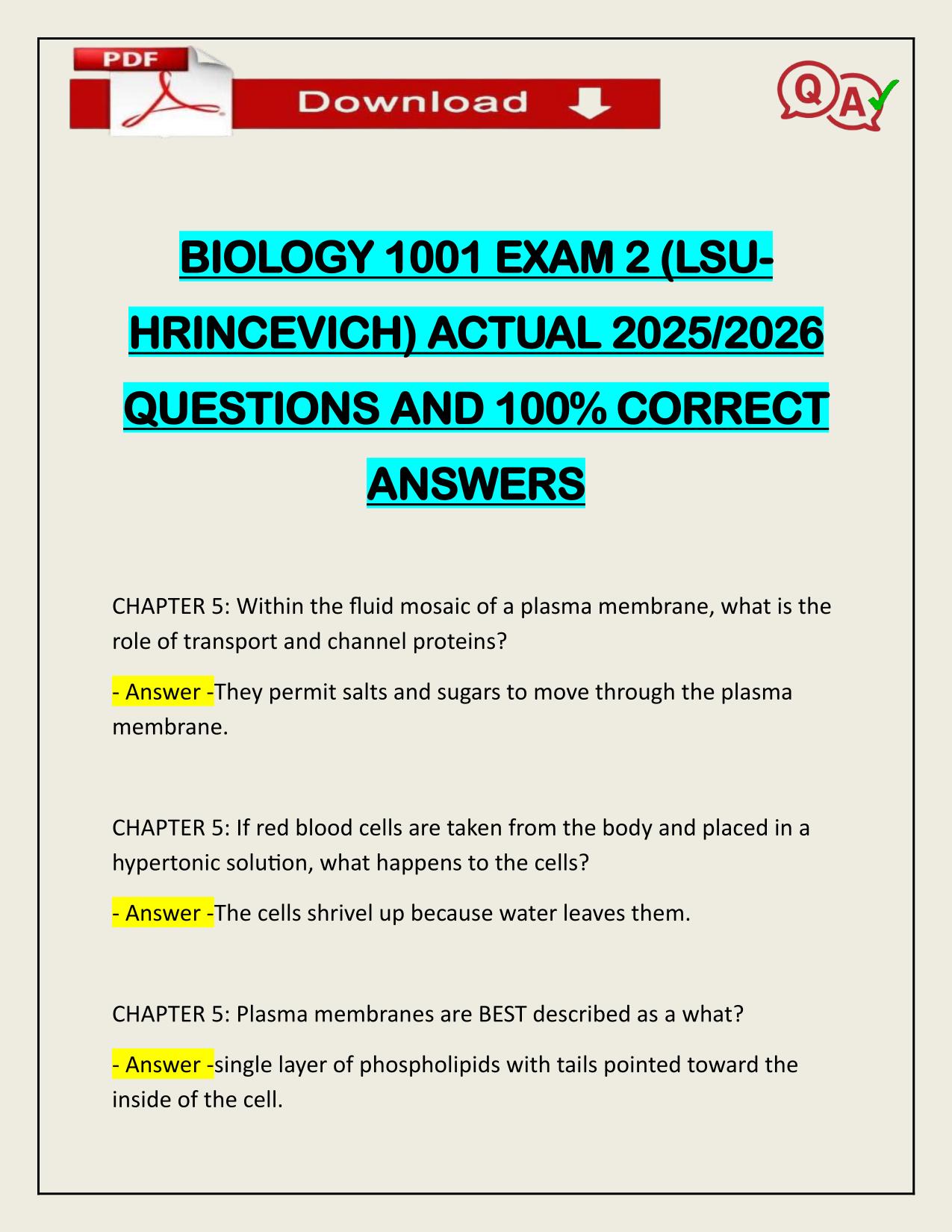BIOLOGY 1001 EXAM 2 (LSUHRINCEVICH) ACTUAL 2025/2026 CORRECTLY ANSWERED