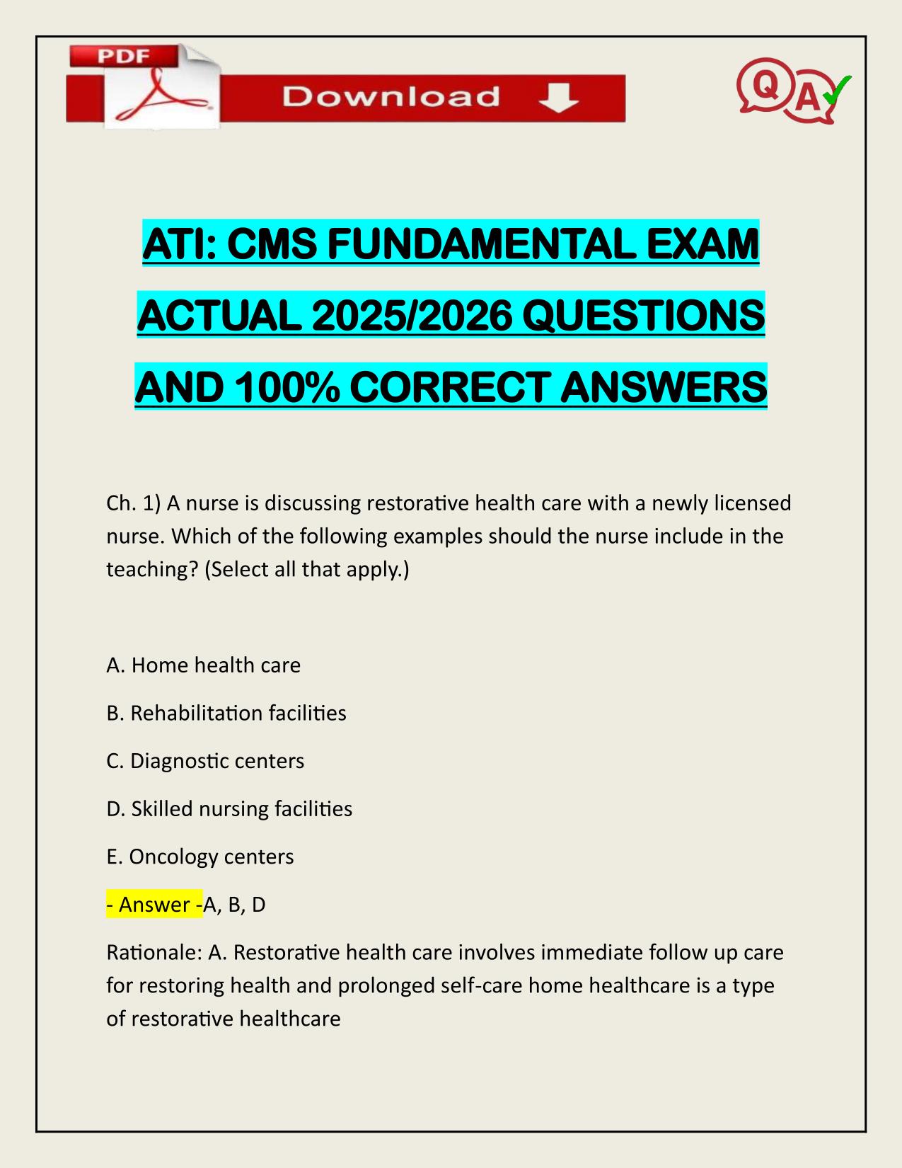 ATI: CMS FUNDAMENTAL EXAM ACTUAL 2025/2026 QUESTIONS AND 100% CORRECT ANSWERS