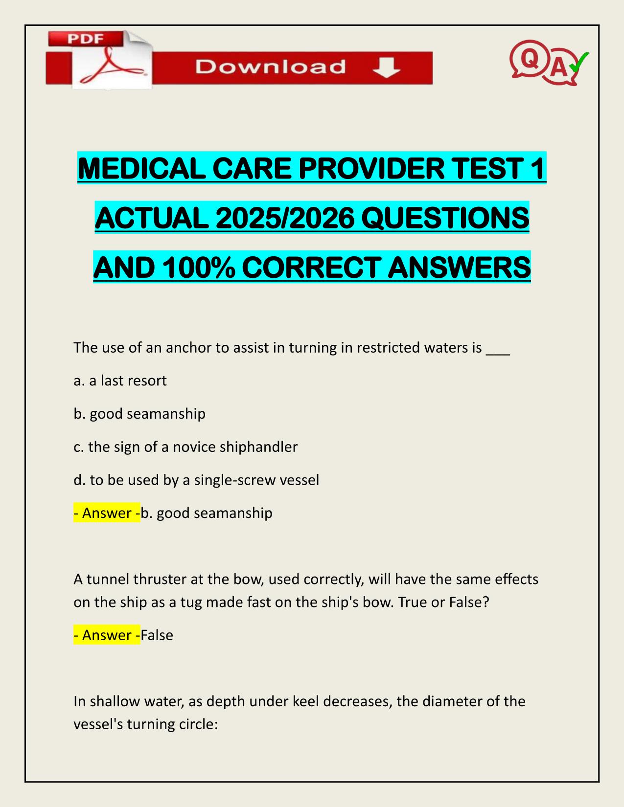 MEDICAL CARE PROVIDER TEST 1 ACTUAL 2025/2026