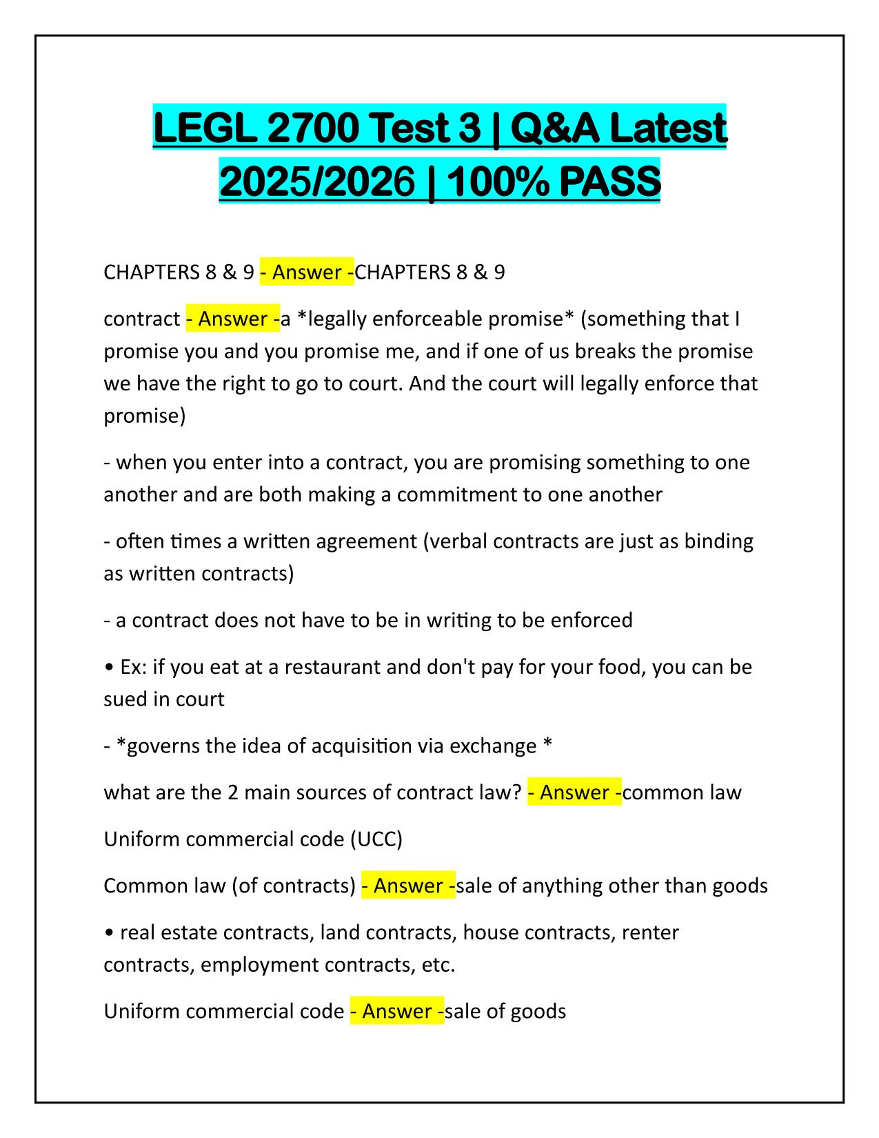 LEGL 2700 Test 3 Questions and Correct Answers Latest Update 2025