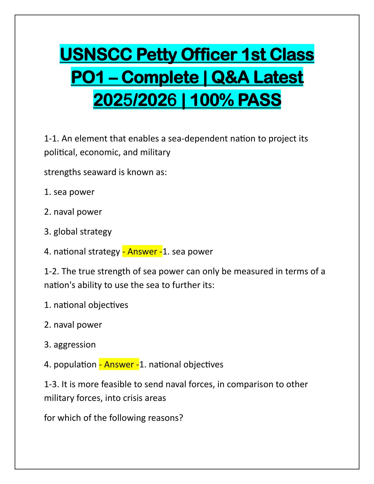 USNSCC Petty Officer 1st Class PO1 Complete Q&A Latest Update 2025-2026