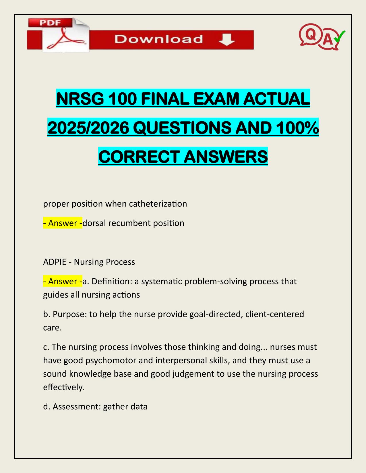 NRSG 100 FINAL EXAM ACTUAL 2025/2026 WITH VERIFIED ANSWERS