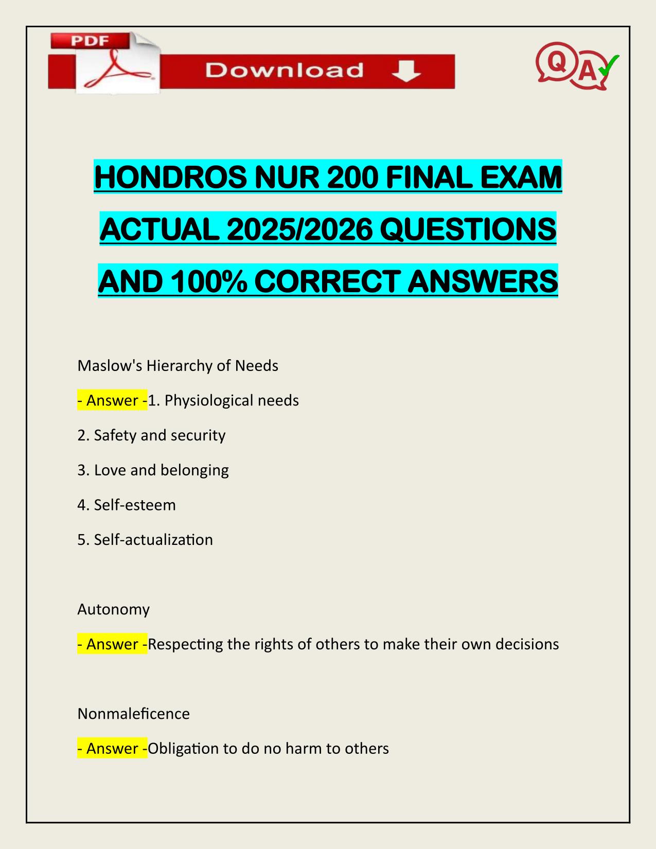 HONDROS NUR 200 FINAL EXAM ACTUAL 2025/2026 UPDATED