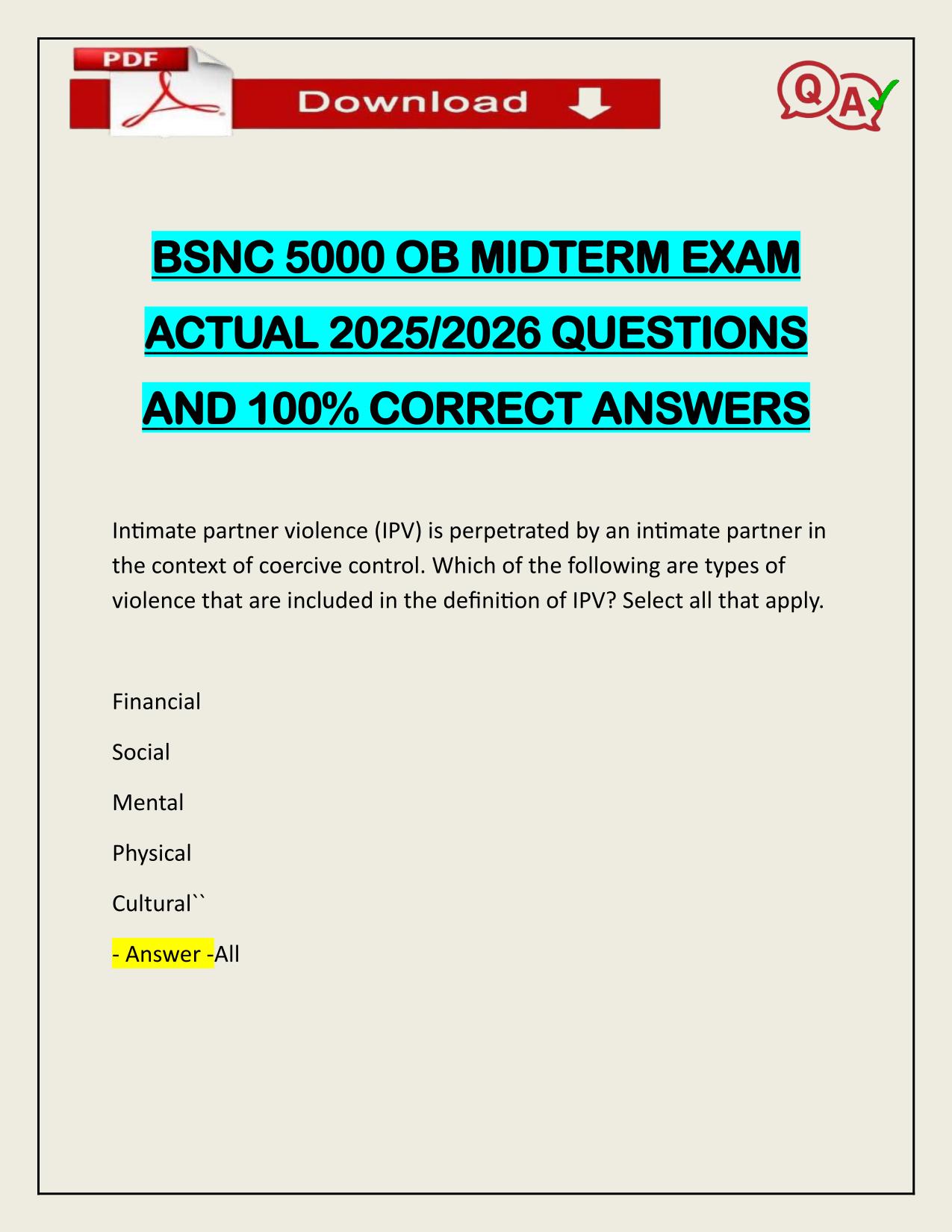BSNC 5000 OB MIDTERM EXAM ACTUAL 2025/2026 QUESTIONS AND 100% CORRECT ANSWERS