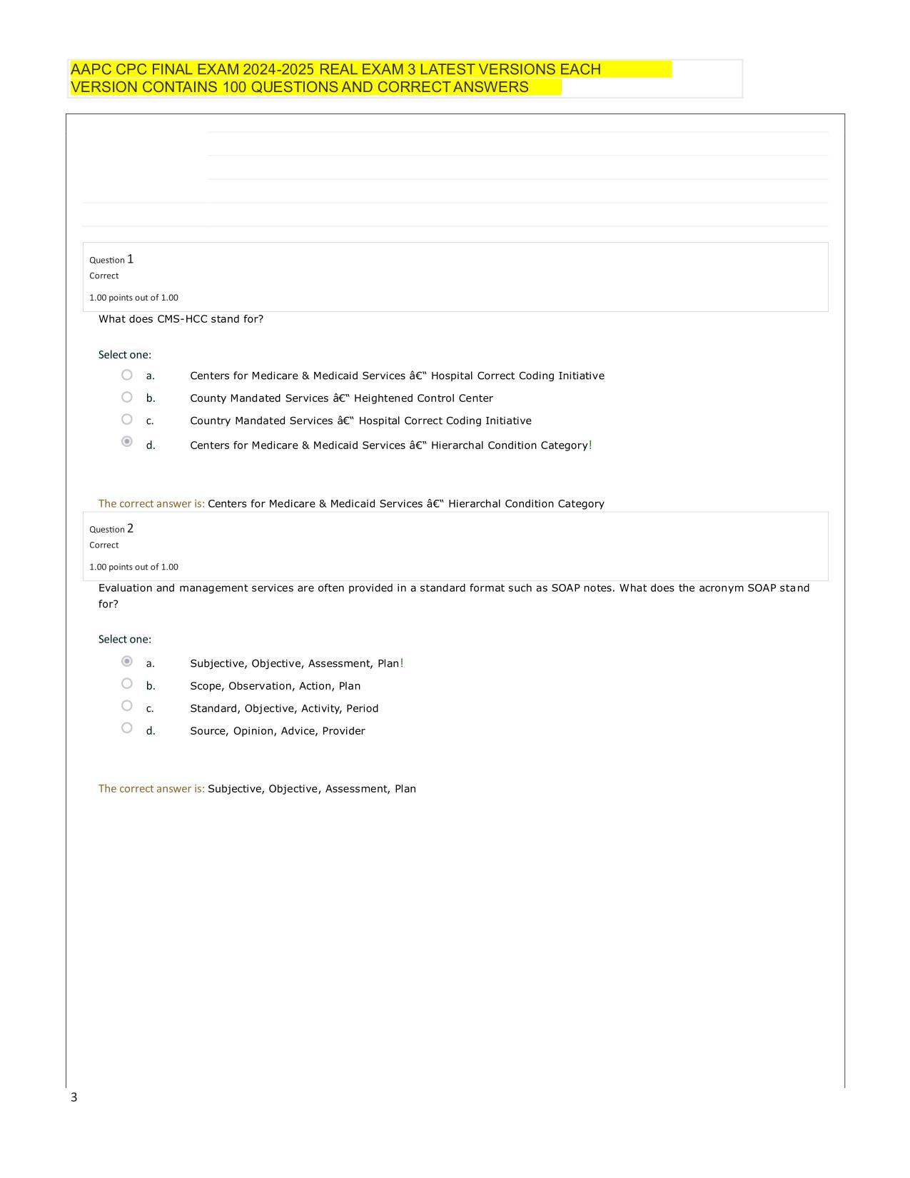 AAPC CPC FINAL EXAM 2025/2026 REAL EXAM 3 LATEST VERSIONS EACH VERSION CONTAINS 100 Q&As