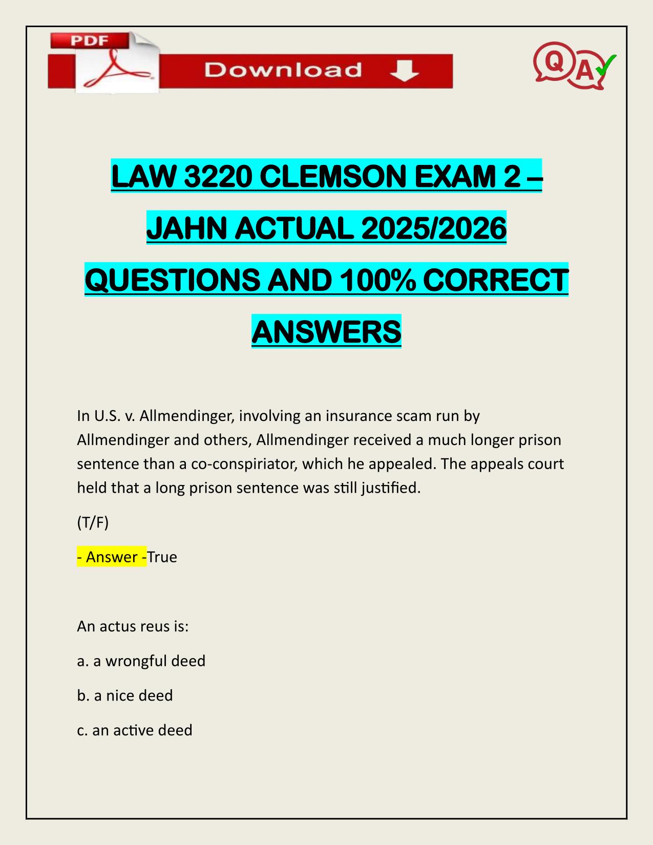 LAW 3220 CLEMSON EXAM 2 – JAHN ACTUAL 2025/2026 CORRECTLY ANSWERED
