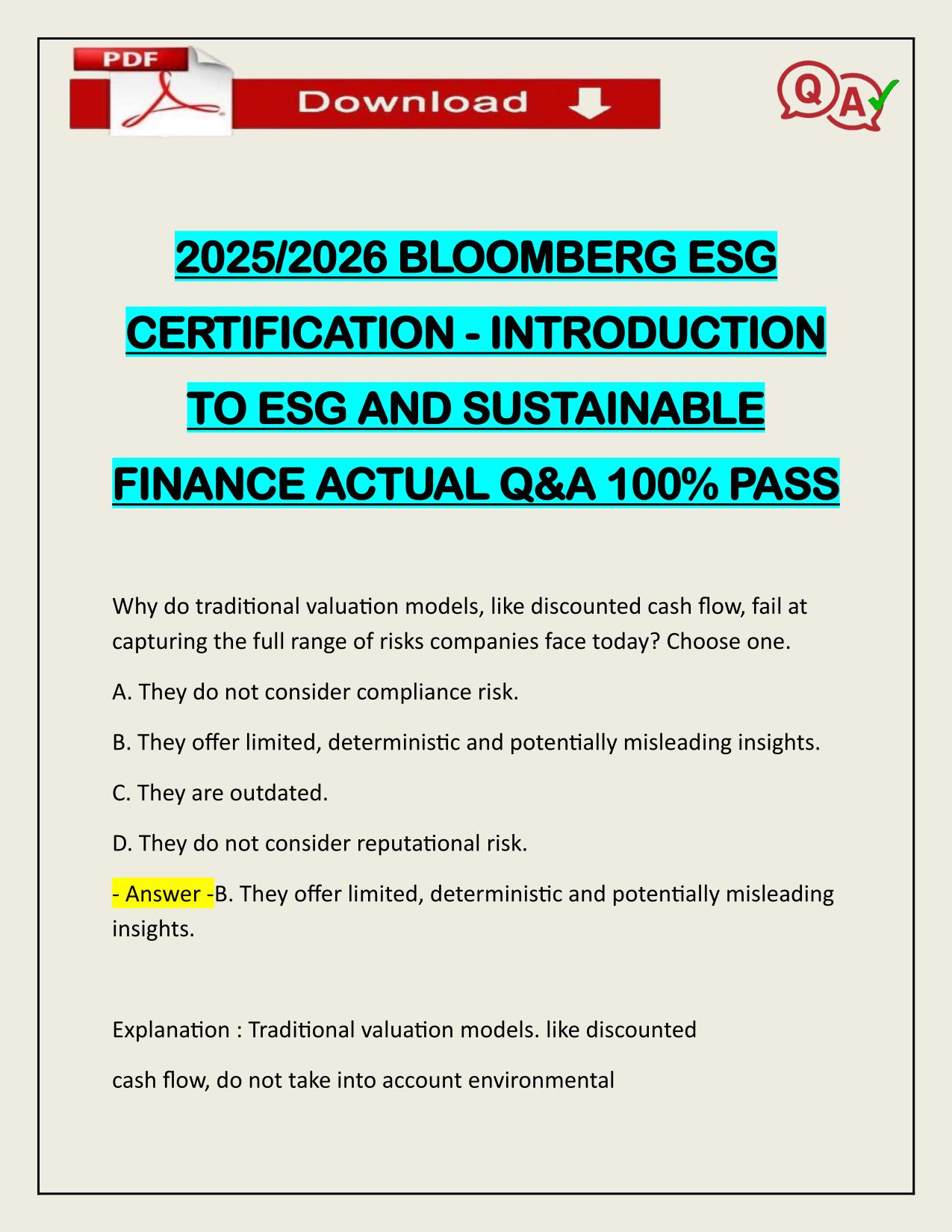 2025/2026 BLOOMBERG ESG CERTIFICATION - INTRODUCTION TO ESG AND SUSTAINABLE FINANCE ACTUAL Q&A 100% PASS