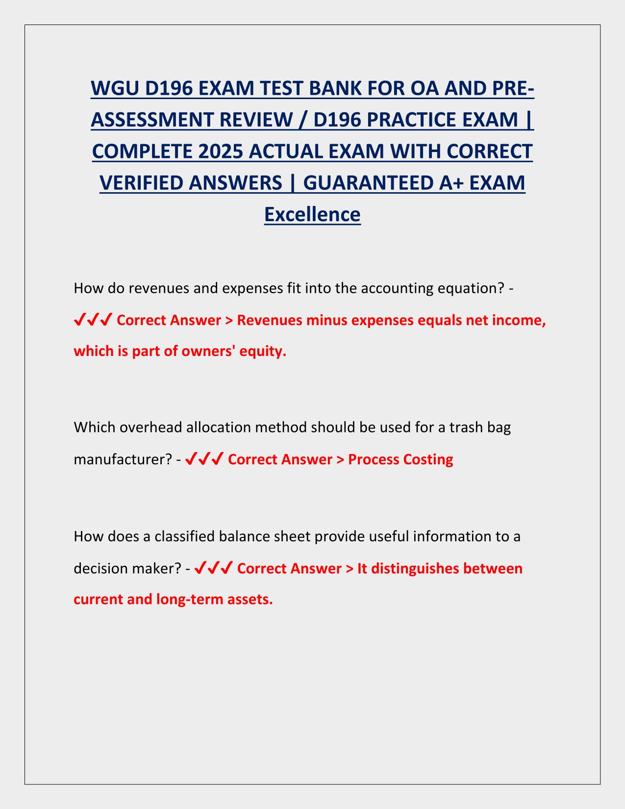 WGU D196 EXAM TEST BANK FOR OA & PREASSESSMENT REVIEW / D196 PRACTICE EXAM 2025/2026