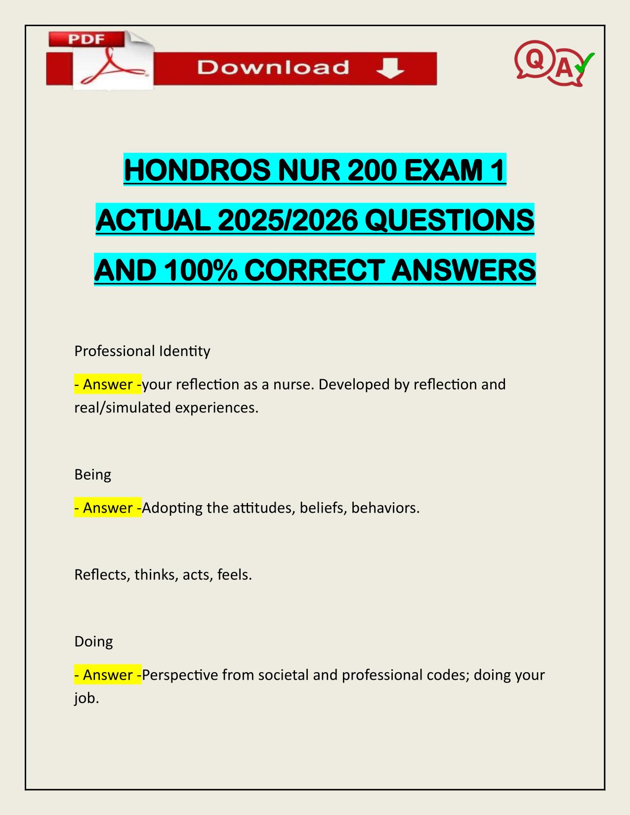 HONDROS NUR 200 EXAM 1 ACTUAL 2025/2026 QUESTIONS AND 100% CORRECT ANSWERS