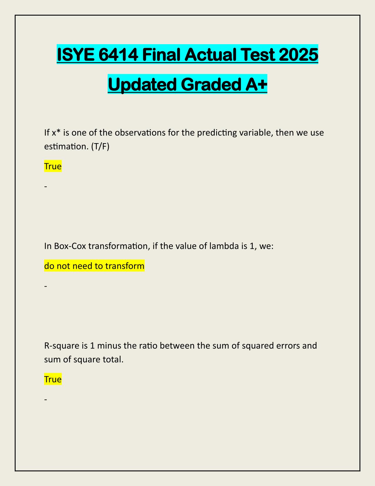 ISYE 6414 Final Actual Test 2025 Updated Graded A+