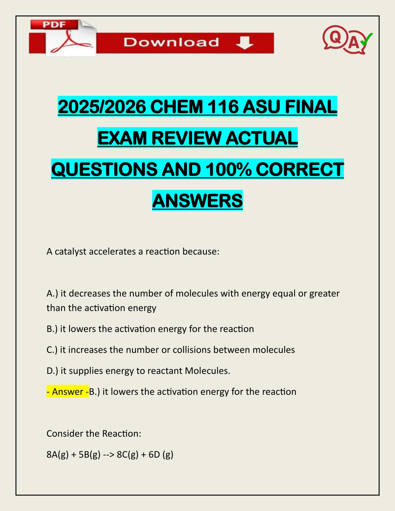 2025/2026 CHEM 116 ASU FINAL EXAM REVIEW ACTUAL QUESTIONS AND 100% CORRECT ANSWERS