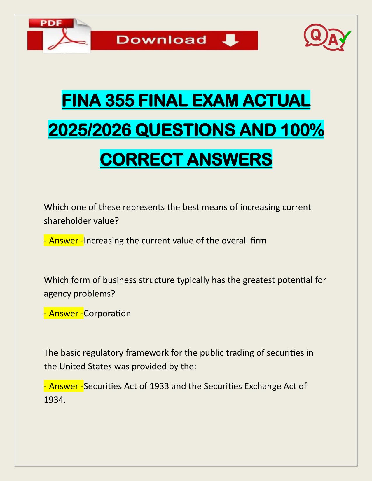 FINA 355 FINAL EXAM ACTUAL 2025/2026 WITH VERIFIED ANSWERS