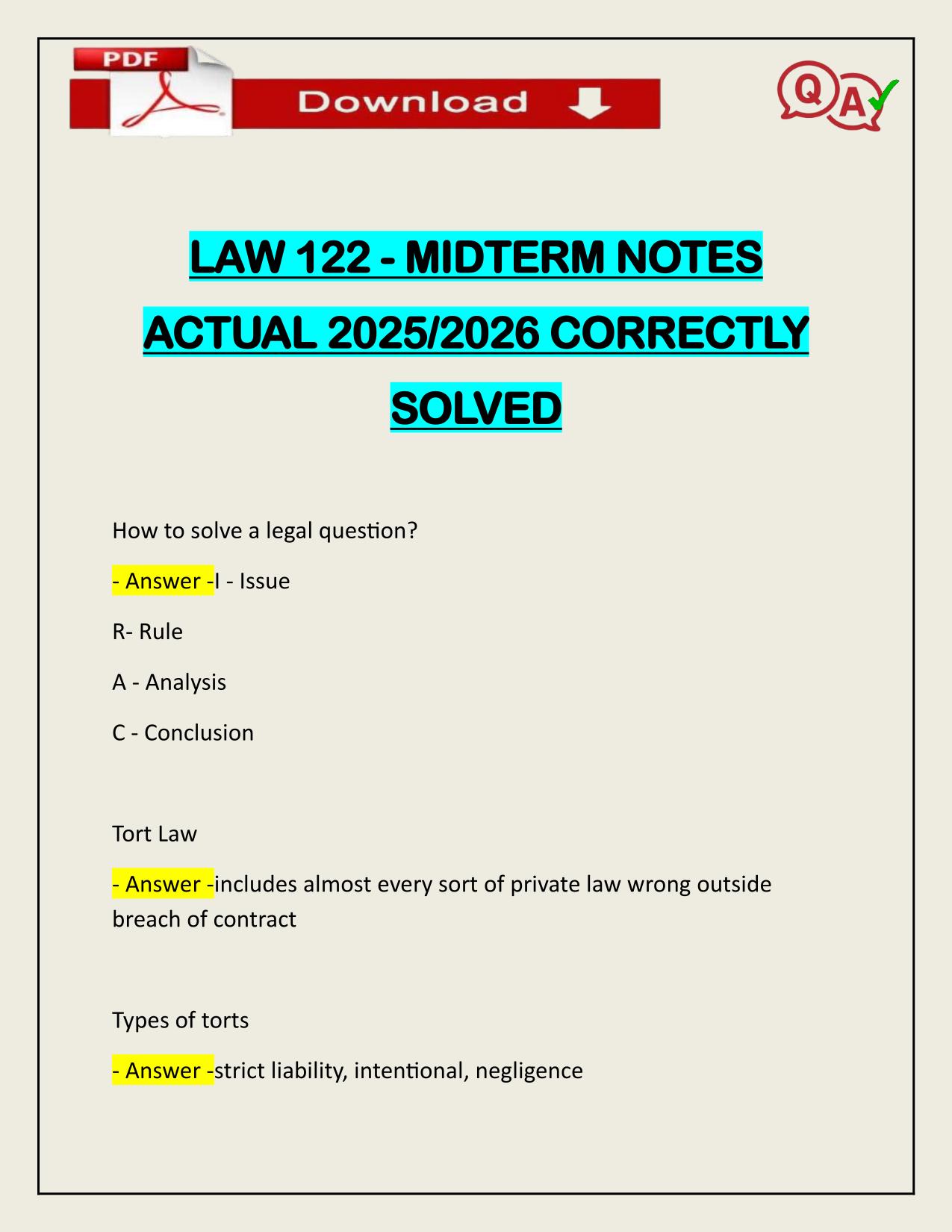 LAW 122 - MIDTERM NOTES ACTUAL 2025/2026 CORRECTLY SOLVED