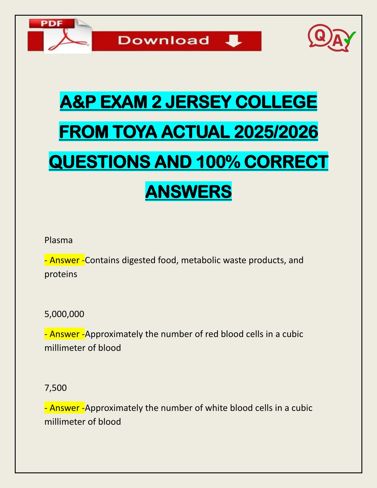 PACKAGE DEAL FOR A&P EXAM 2 JERSEY COLLEGE ACTUAL 2025/2026