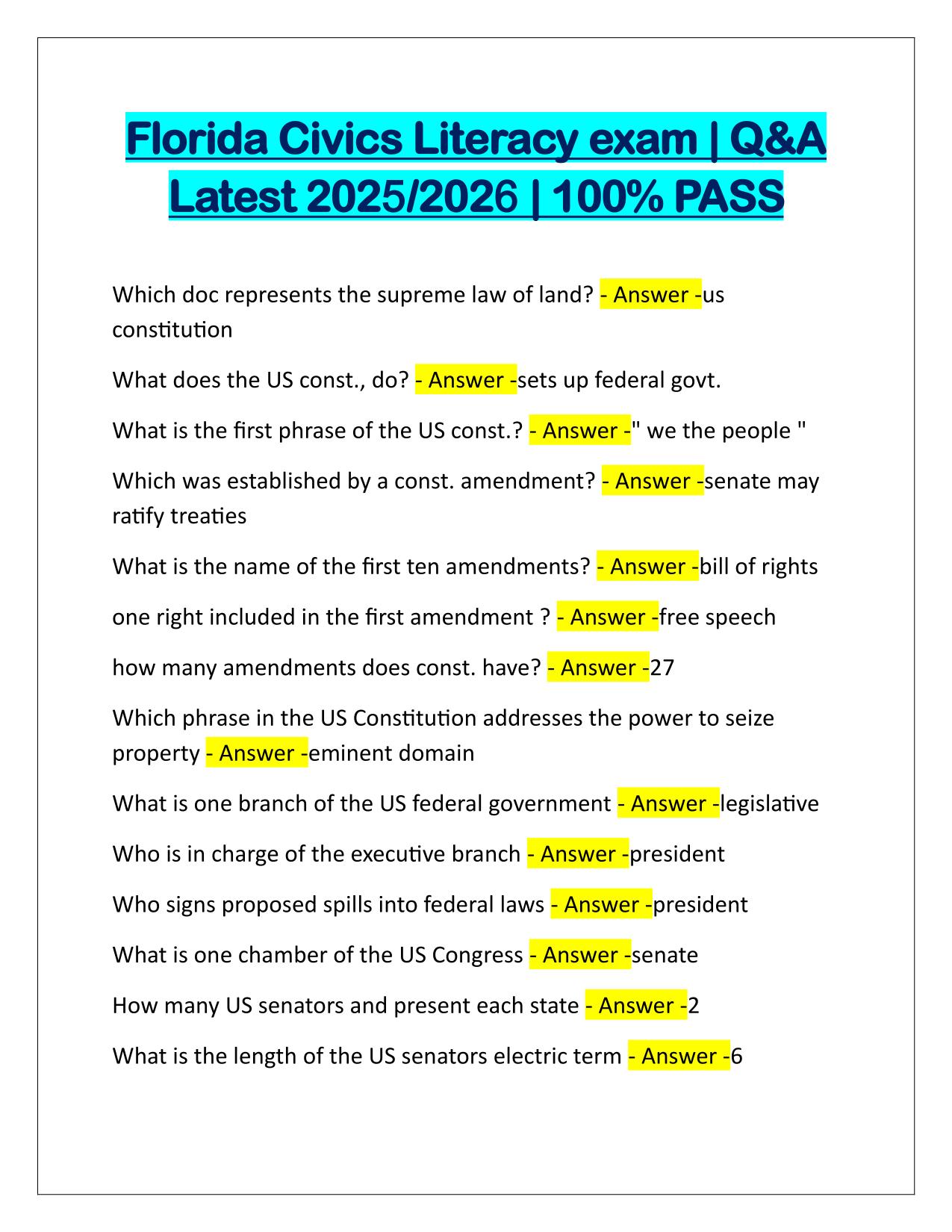 Florida Civics Literacy exam Q&A Latest Update