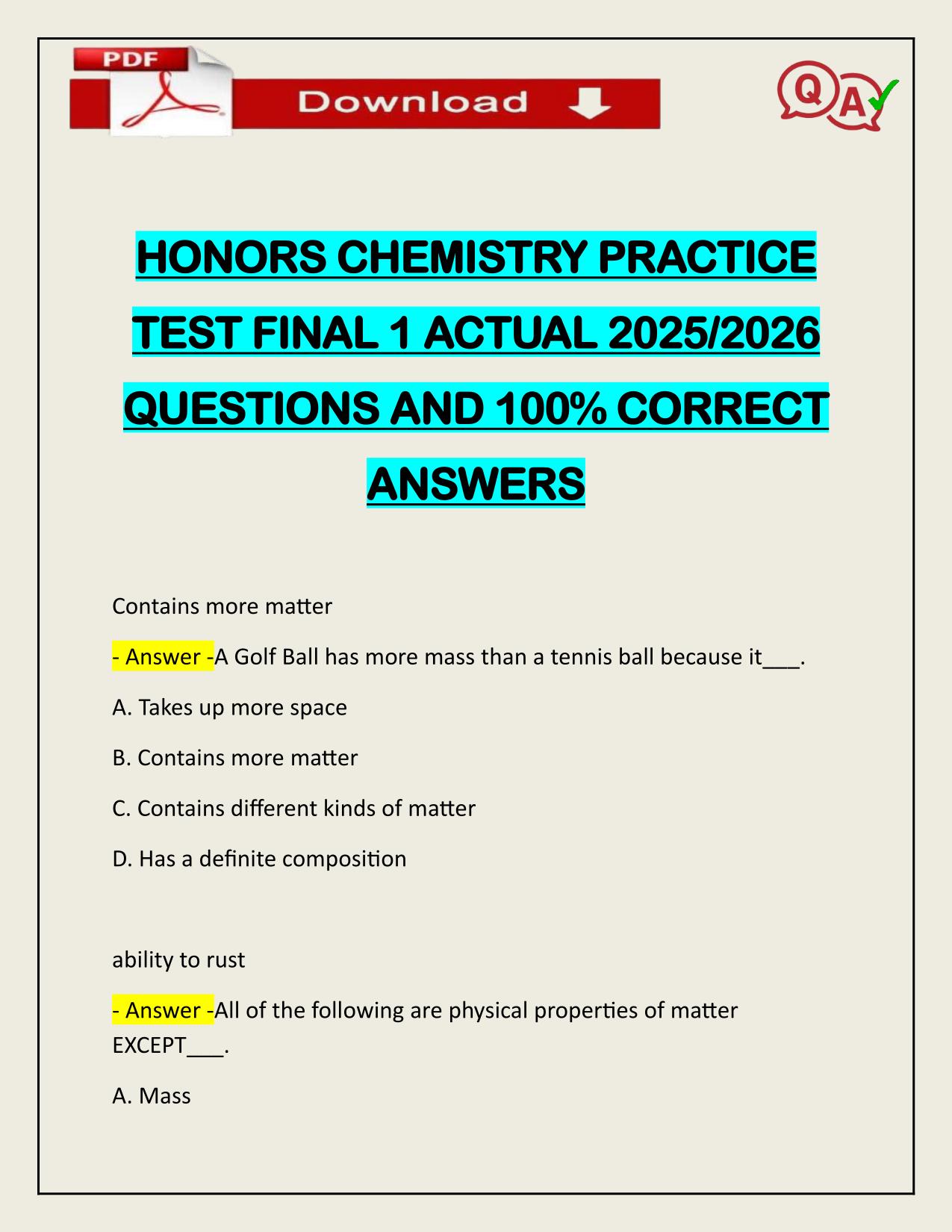 HONORS CHEMISTRY PRACTICE TEST FINAL 1 ACTUAL 2025/2026