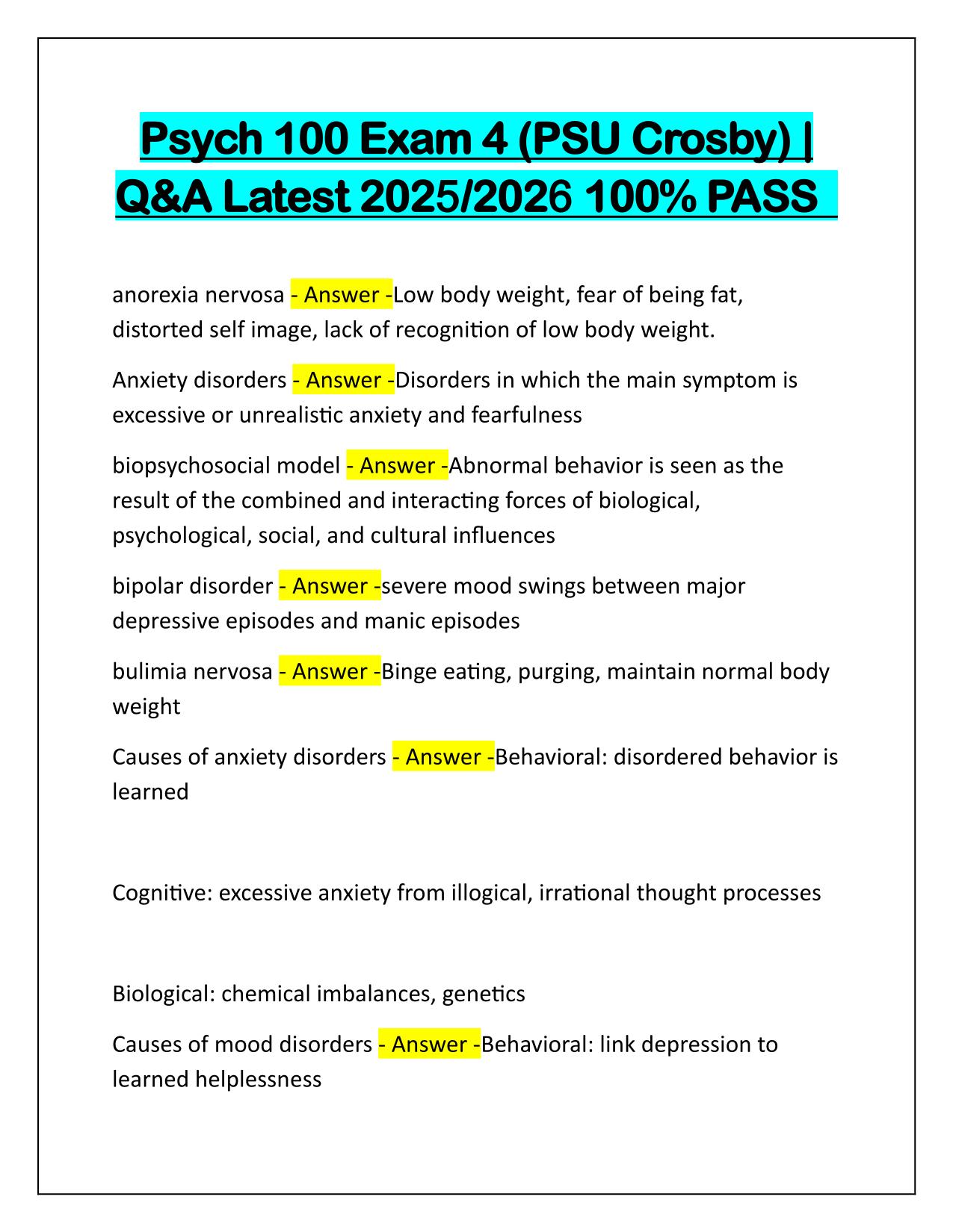 Psych 100 Exam 4 (PSU Crosby) Q&A Latest Update 2025