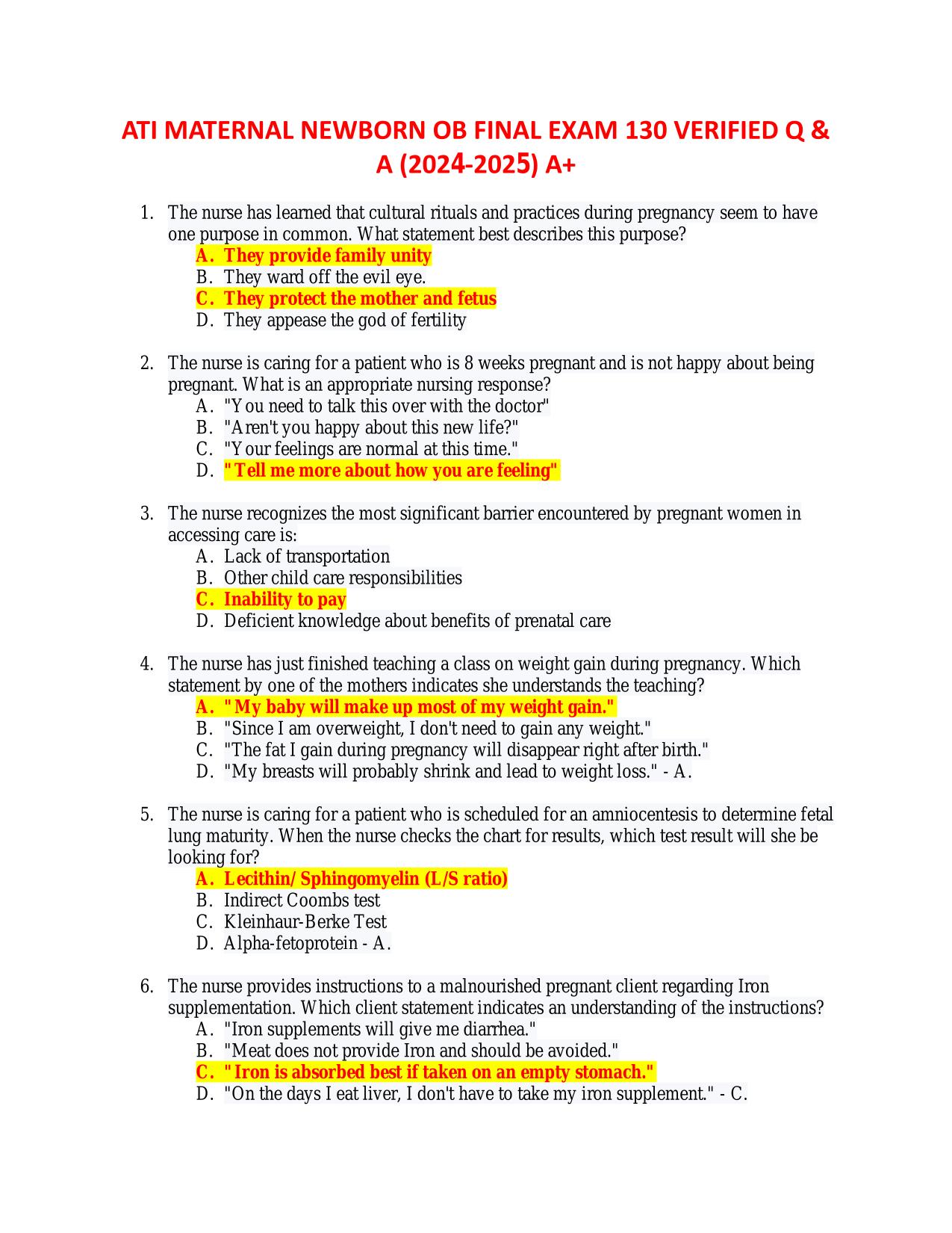 ATI MATERNAL NEWBORN OB FINAL EXAM ACTUAL 2025/2026 LATEST